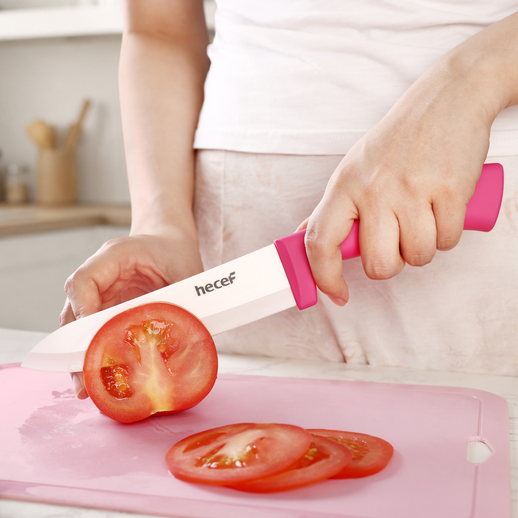 Hecef 3-Piece Ceramic Knife Set With 3 Blade Covers, Hot Pink Sharp Chef Utility Paring Knife