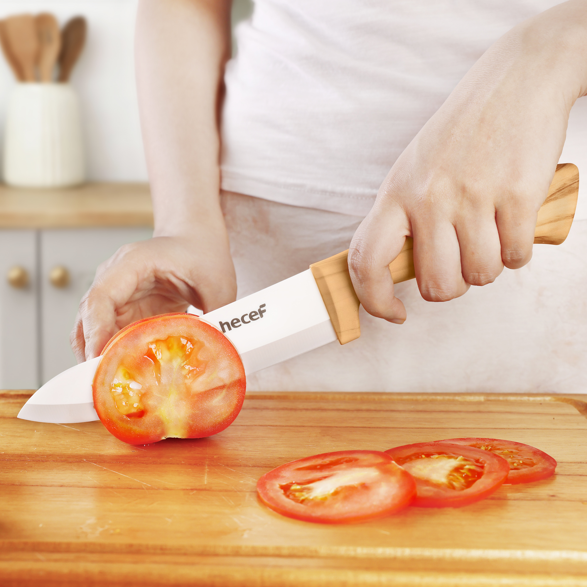 Hecef 3 Piece Ceramic Knife Set With Blade Covers, Ergonomic Wood Grain Handles