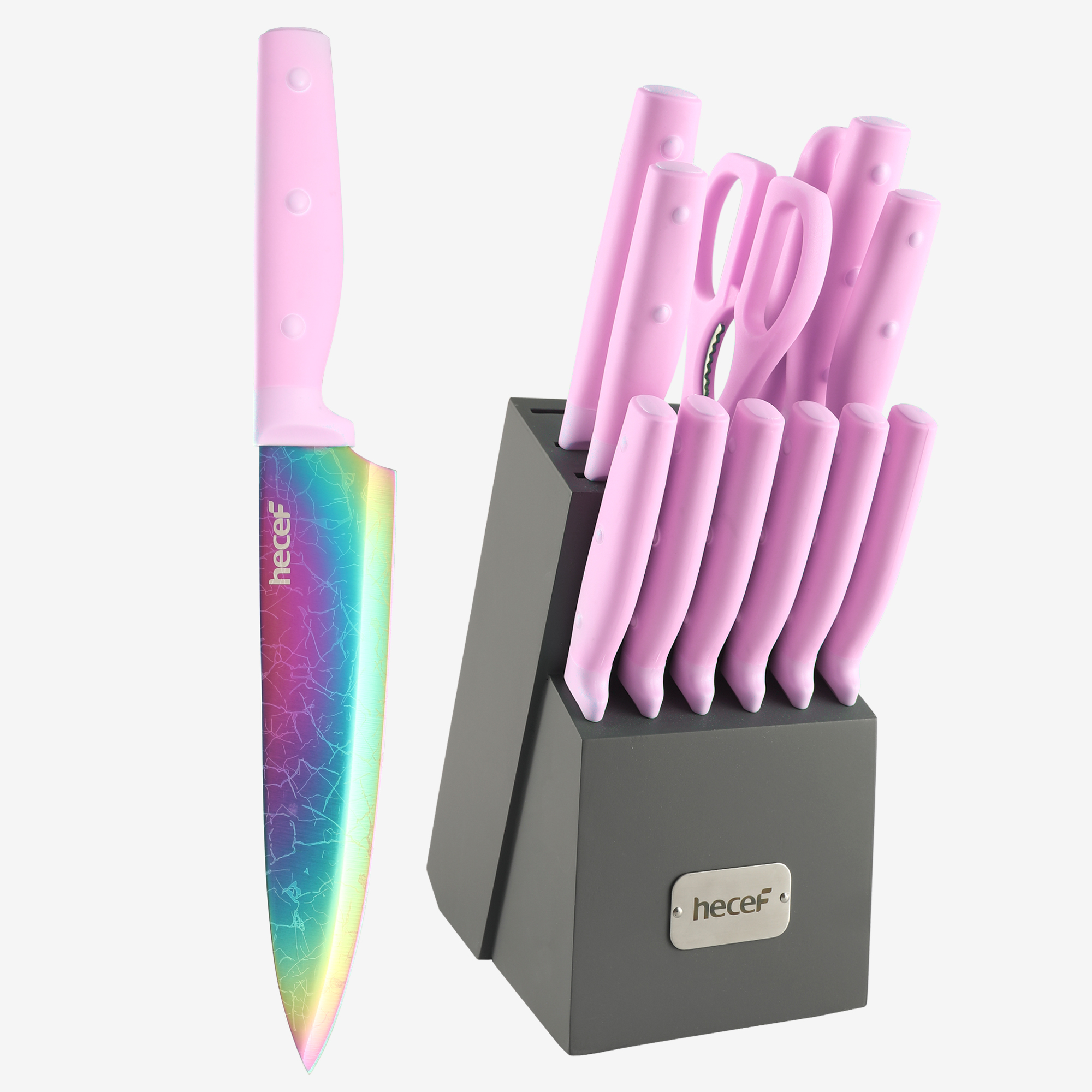 knifes  with Block, Rainbow Titanium kitchen knife set with knife sharpening