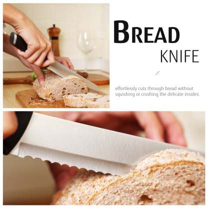 Hecef 7-Piece Black Knife Set with Wooden Block, Carbon Steel Chef, Slicing, Bread, Utility, Paring Knife, Kitchen Scissors