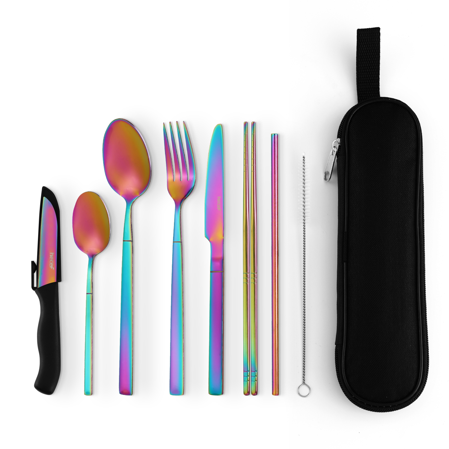 Hecef 9PCS Travel Cutlery Set, Color Titanium Food-Safe Stainless Steel, Portable Case for Work, School & Travel