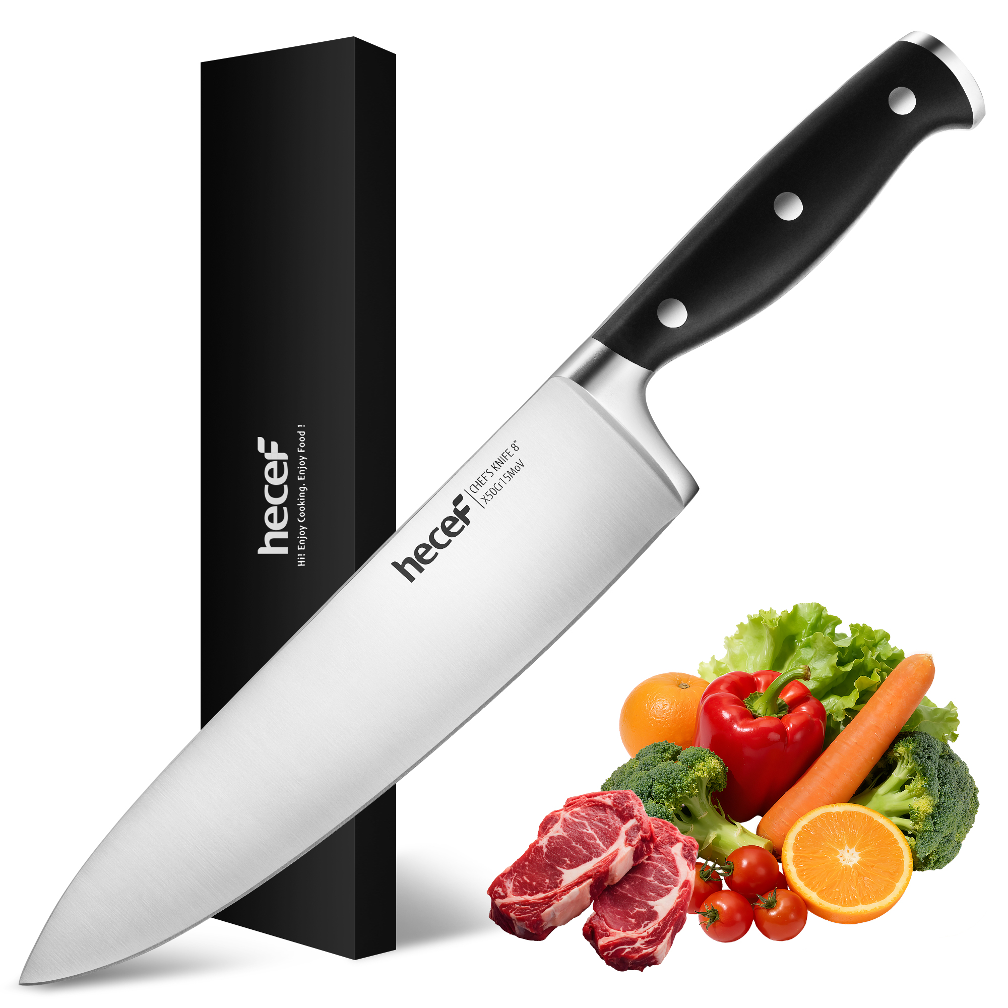  Hecef 8-Inch Chef Knife, German Steel X50CrMoV15 Razor Sharp Blade, Ergonomic Full Tang Handle for Meat, Vegetables & Fruits