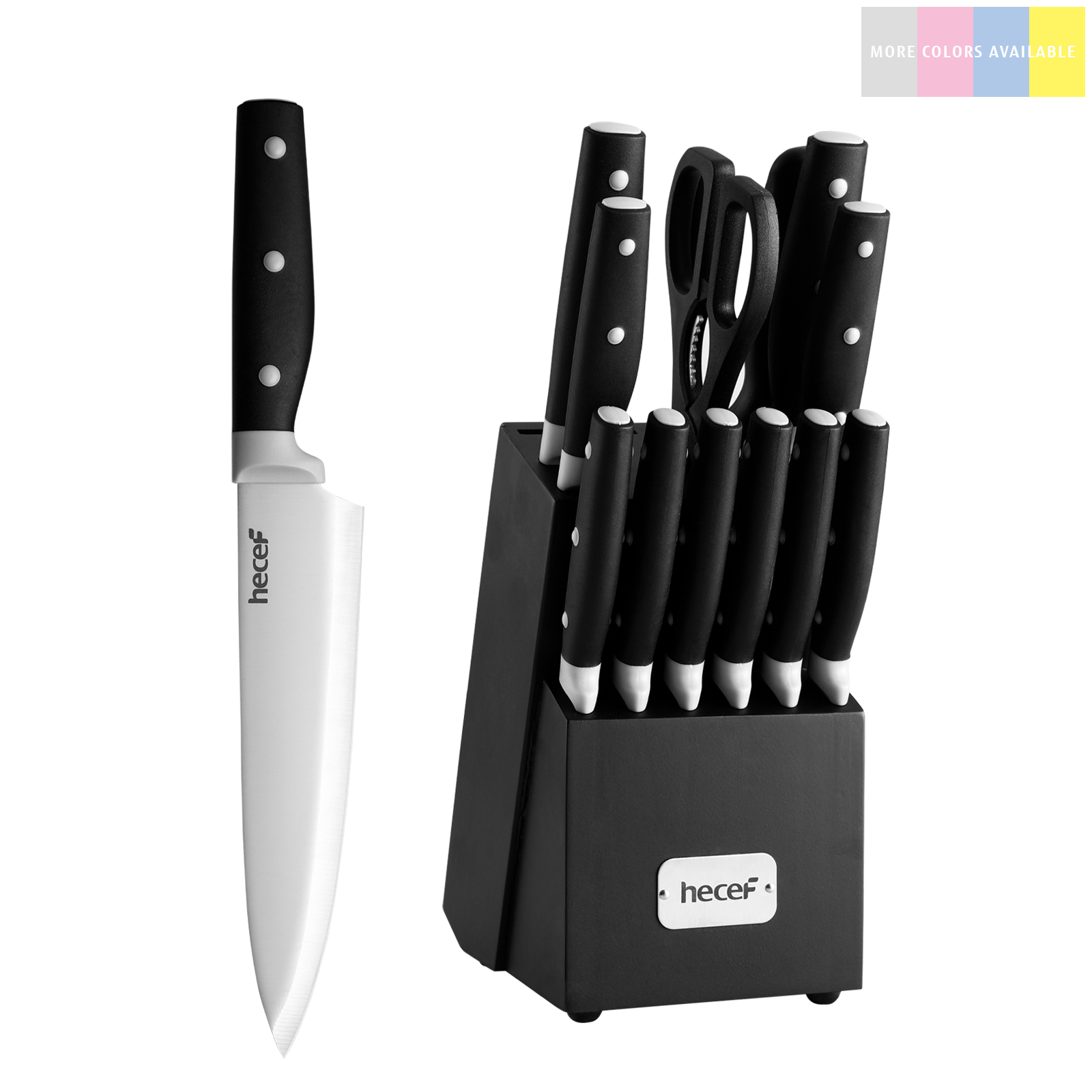 Hecef 14-Piece Black Knife Set with Block, Ultra-Sharp Stainless Steel Kitchen Knives with Comfortable Grip