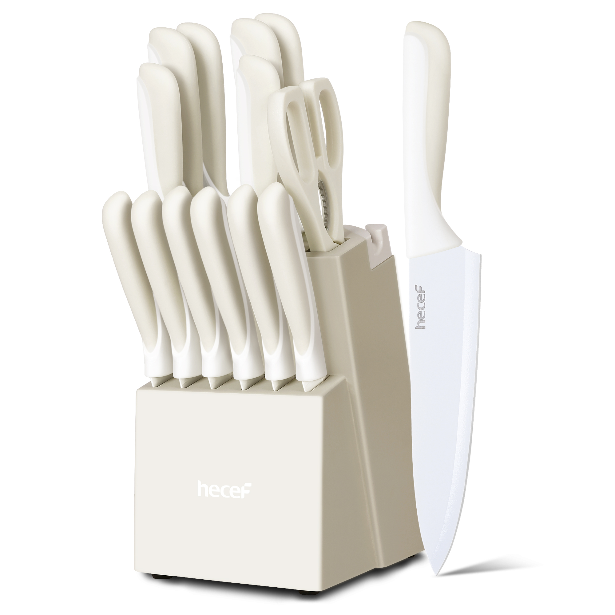 Hecef 15-Piece Knife Set with Rustproof Coating, Premium Carbon Steel Blades in Wooden Block, Dishwasher Safe Gift Set