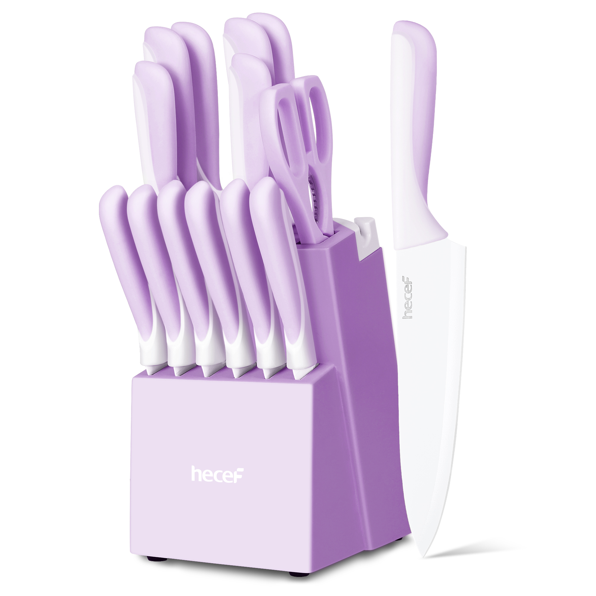 Hecef 15-Piece Knife Set with Rustproof Coating, Premium Carbon Steel Blades in Wooden Block, Dishwasher Safe Gift Set