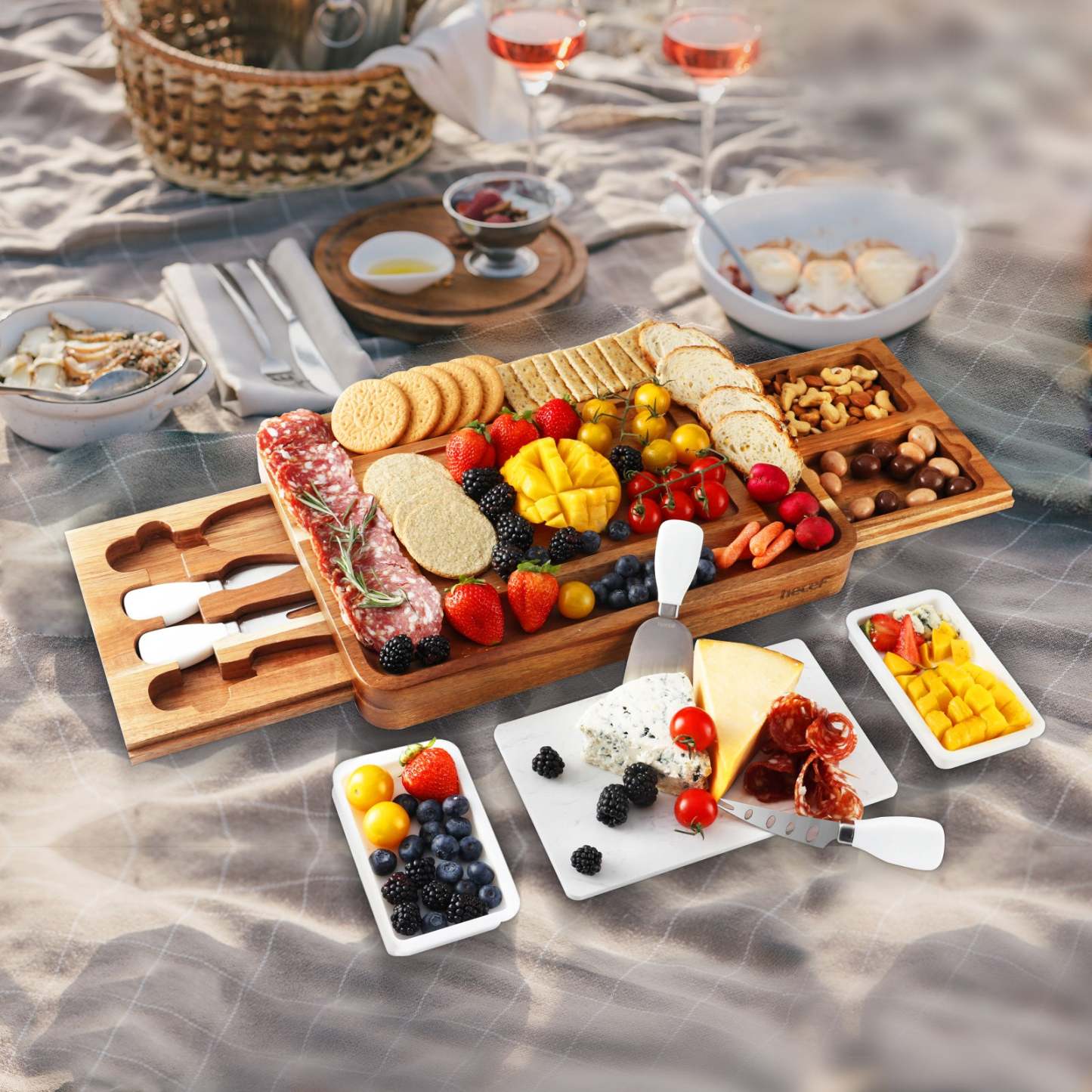 Hecef Acacia Wooden Square Marble Cheese Board Gift Set with 2 Drawers - Hecef Kitchen