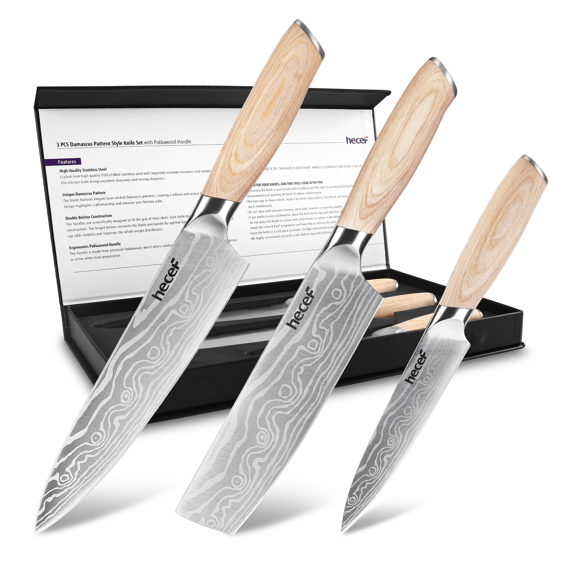 hecef 3PCS Professional Knife Set Stainless Steel Ergonomic wood Handle Laser Damascus Pattern Extra Sharp and Versatile, For Chef, Nakiri & Utility Knife, Perfect for all Kitchen Tasks