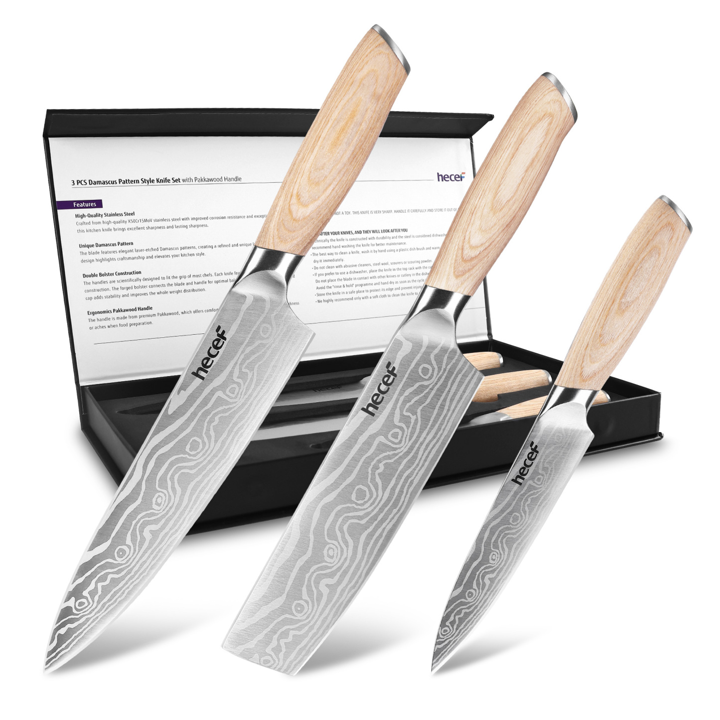 hecef 3PCProfessional Knife Set Stainless Steel – Ergonomic Pakkawood 