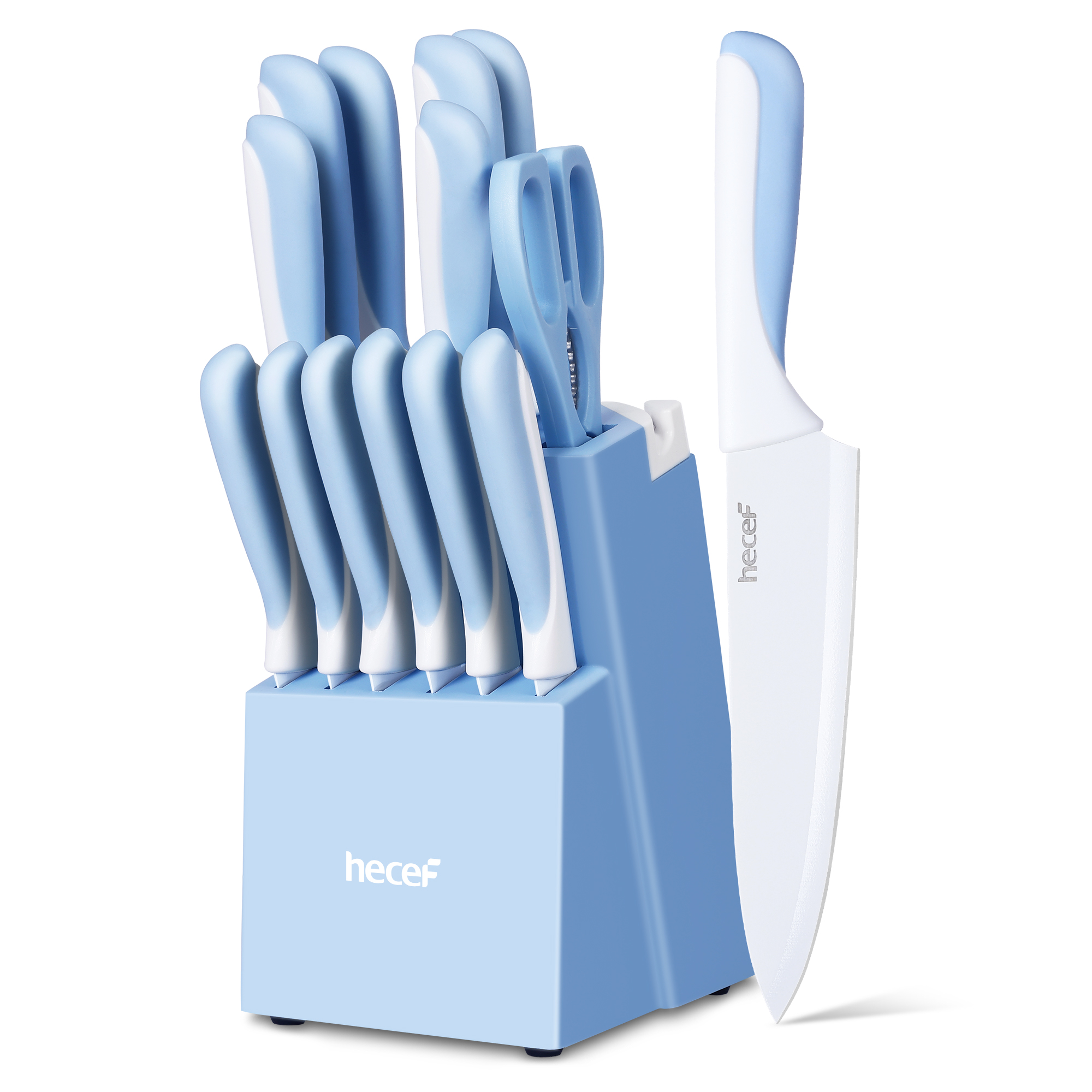 Hecef 15-Piece Knife Set with Rustproof Coating, Premium Carbon Steel Blades in Wooden Block, Dishwasher Safe Gift Set