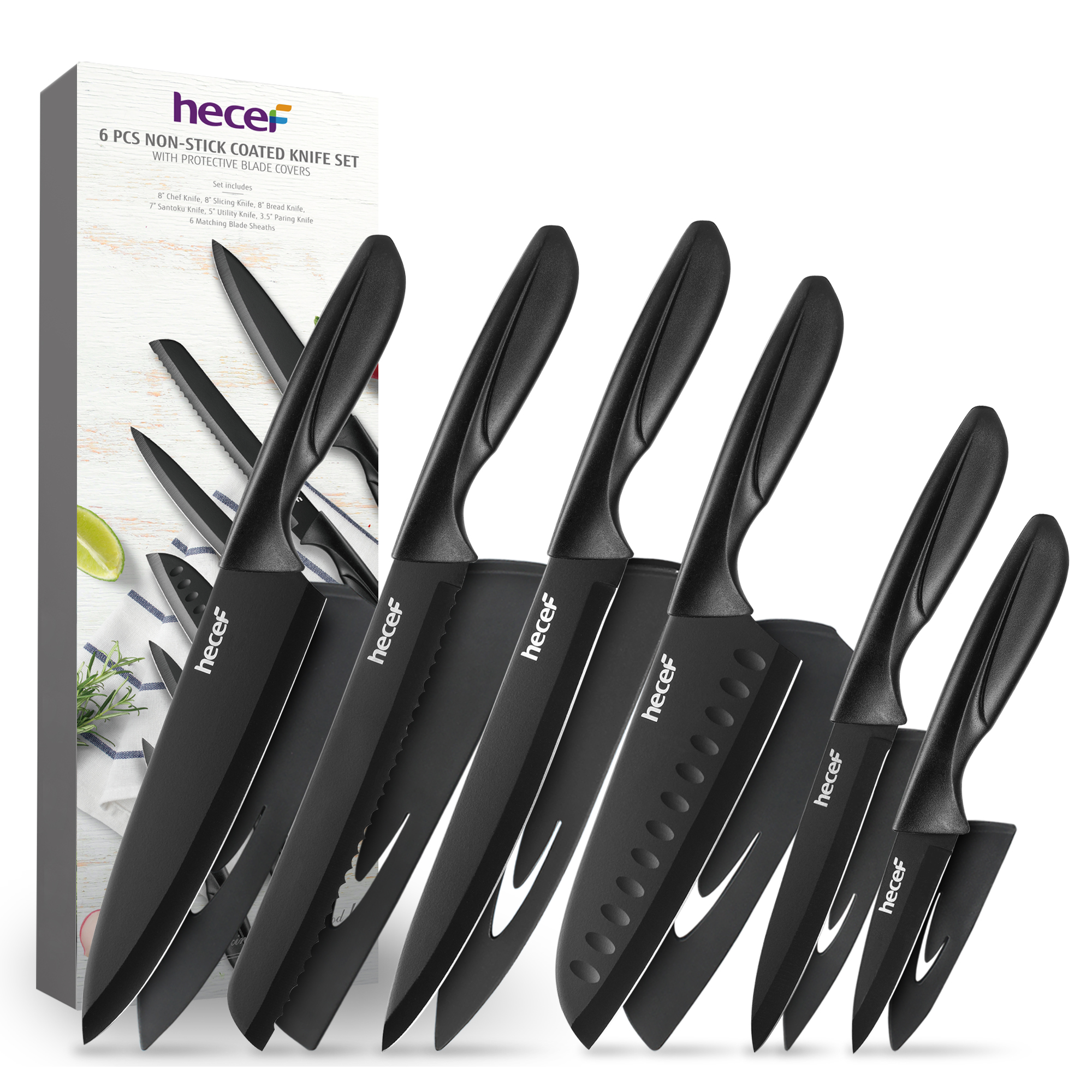 Hecef 6-Piece Stainless Steel Chef Cooking Knife Set with Blade Sheaths, Dishwasher Safe
