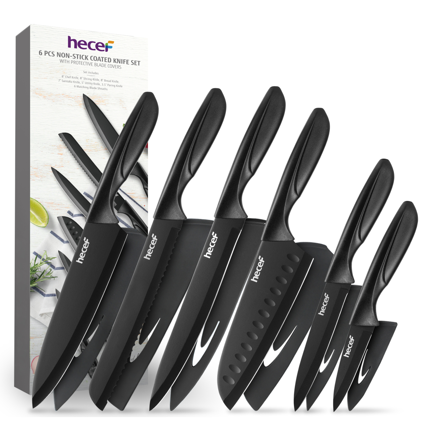 Hecef 6-Piece Stainless Steel Chef Cooking Knife Set with Blade Sheaths, Dishwasher Safe