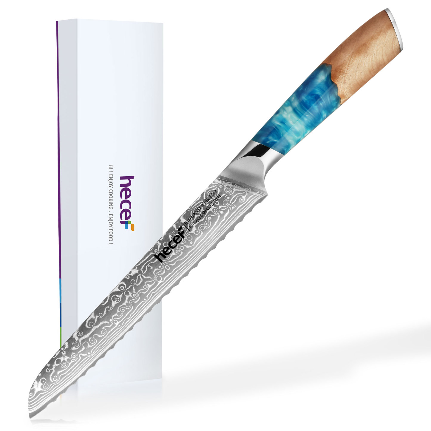 hecef 8.1in Damascus Bread Knife High Carbon Stainless Steel Ultra Sharp Janpanese Kitchen Knives with Resin Handle
