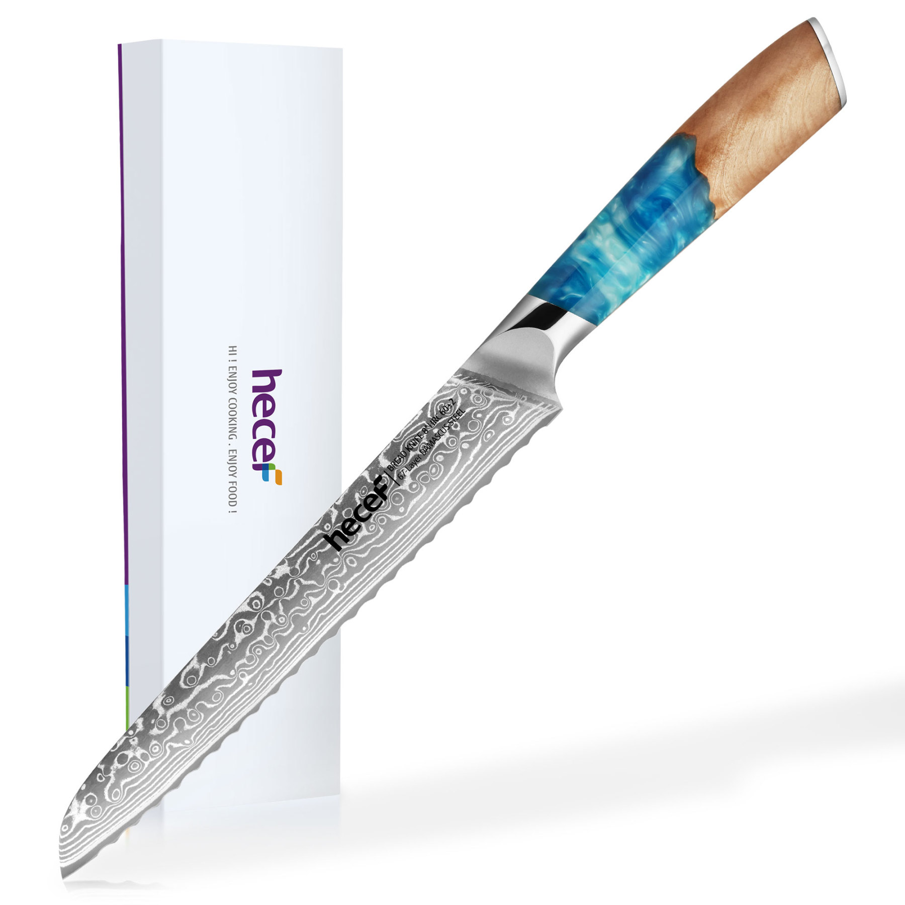 hecef 8.1in Damascus Bread Knife High Carbon Stainless Steel Ultra Sharp Janpanese Kitchen Knives with Resin Handle