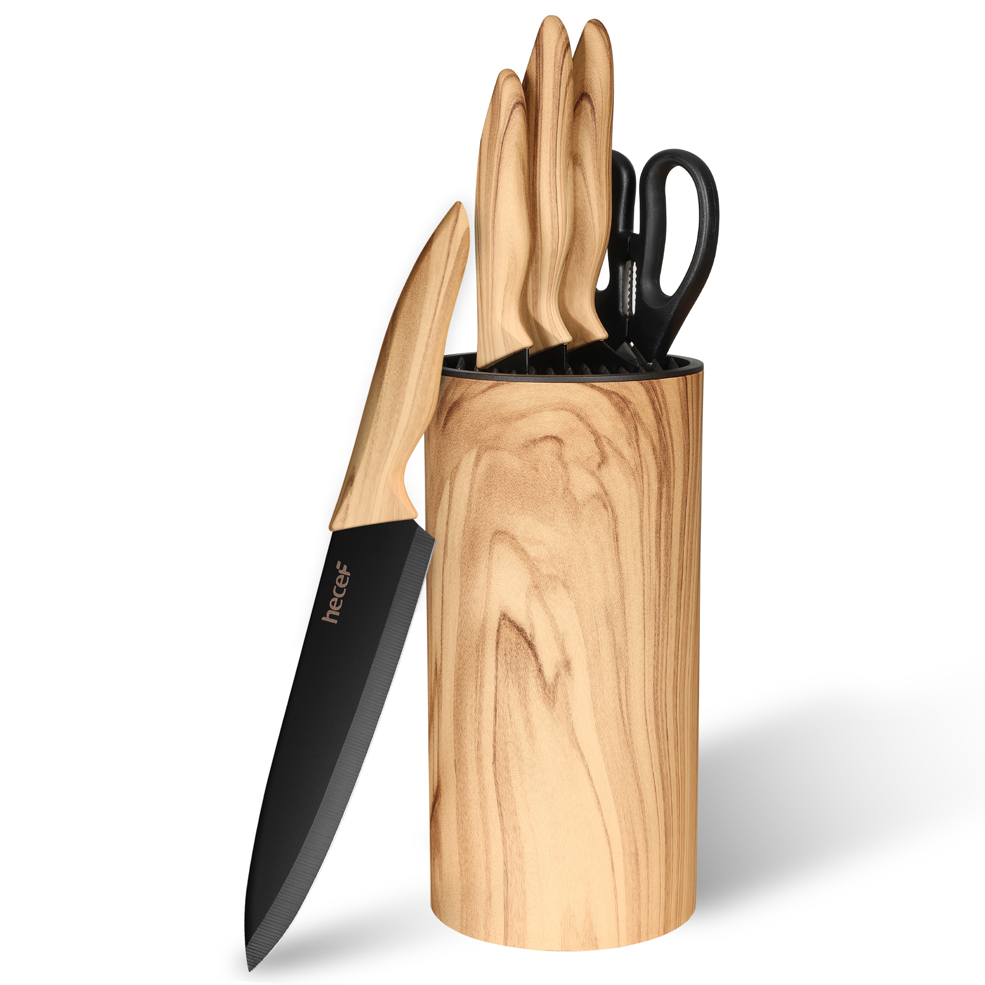hecef 6-piece kitchen knife set with block stainless steel blades olive wood look chef's knife set