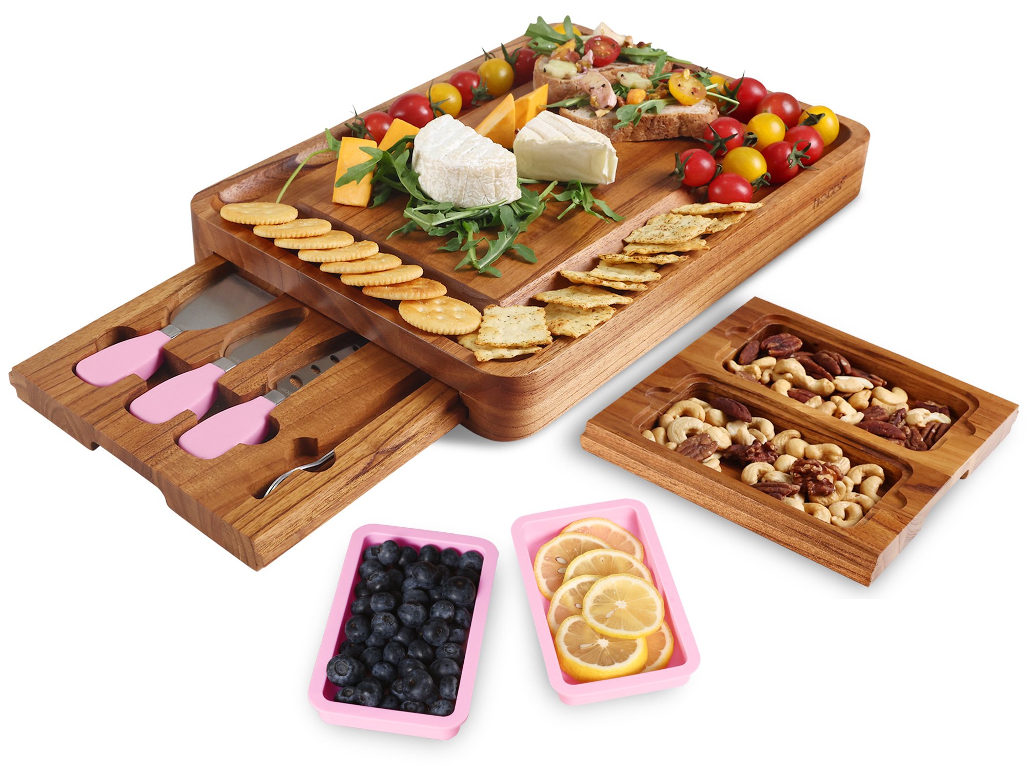 hecef Large Wooden Cheese Board with Knives Dessert Forks 2 Magnetic Drawers & Pink Silicone Bowls Charcuterie Board Set