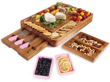 hecef Large Wooden Cheese Board with Knives Dessert Forks 2 Magnetic Drawers & Pink Silicone Bowls Charcuterie Board Set