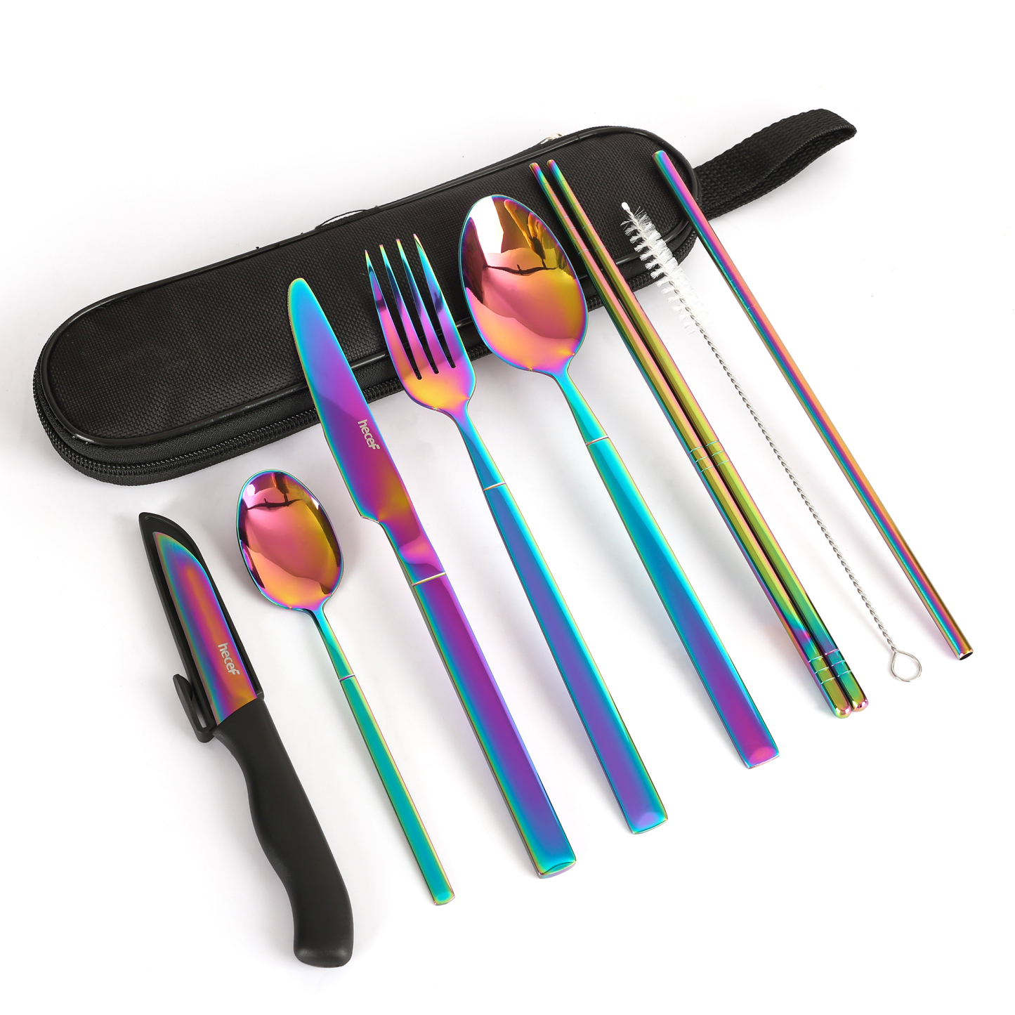 Hecef 9 Pieces Camping Cutlery Set with Compact Carrying Case, Reusable 18/0 Stainless Steel Utensils, Handy Flatware Set for Work, School, Camping and Travel