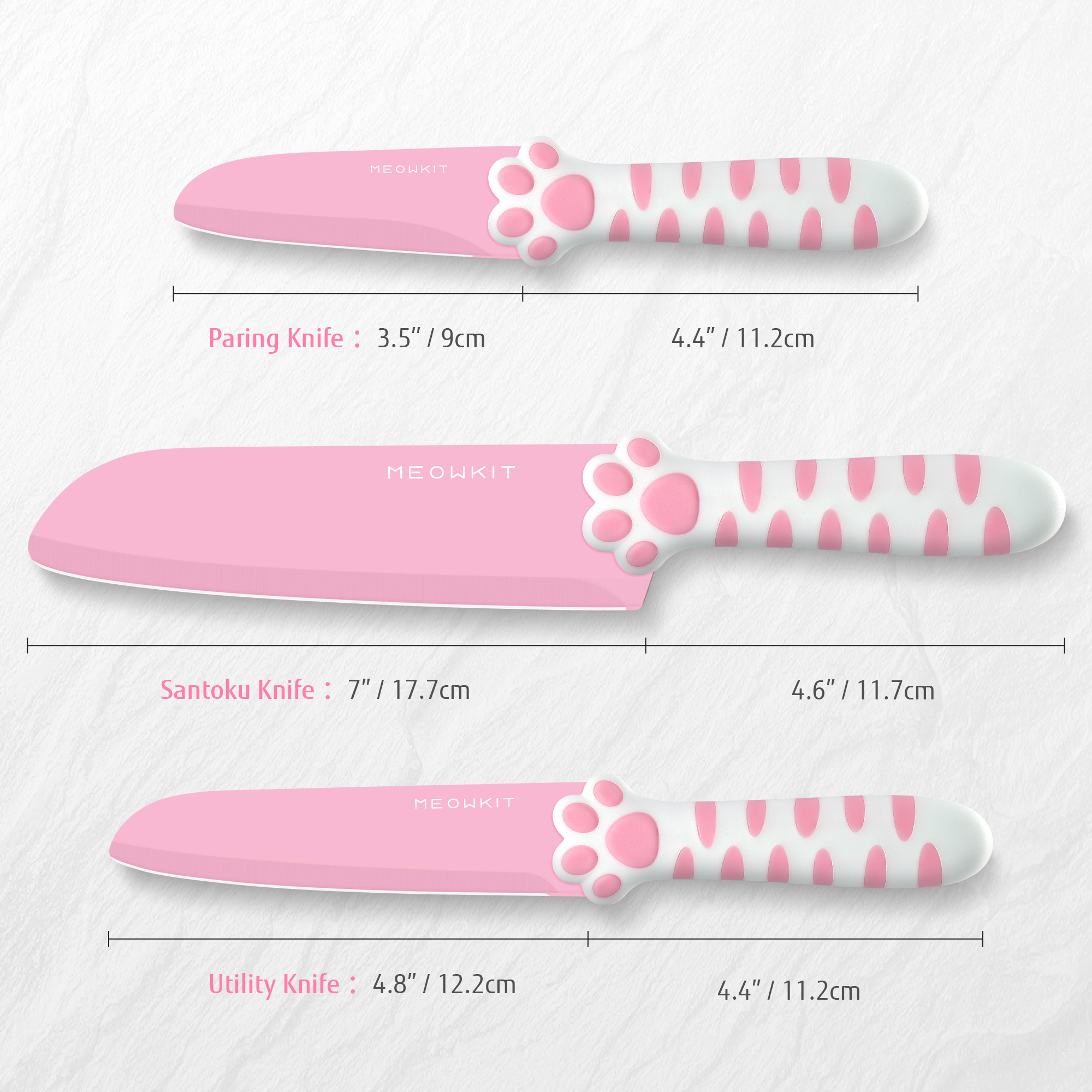 Meowkit Pink 3PCS Kitchen Knife Set Non-stick Coating Blade-PINK