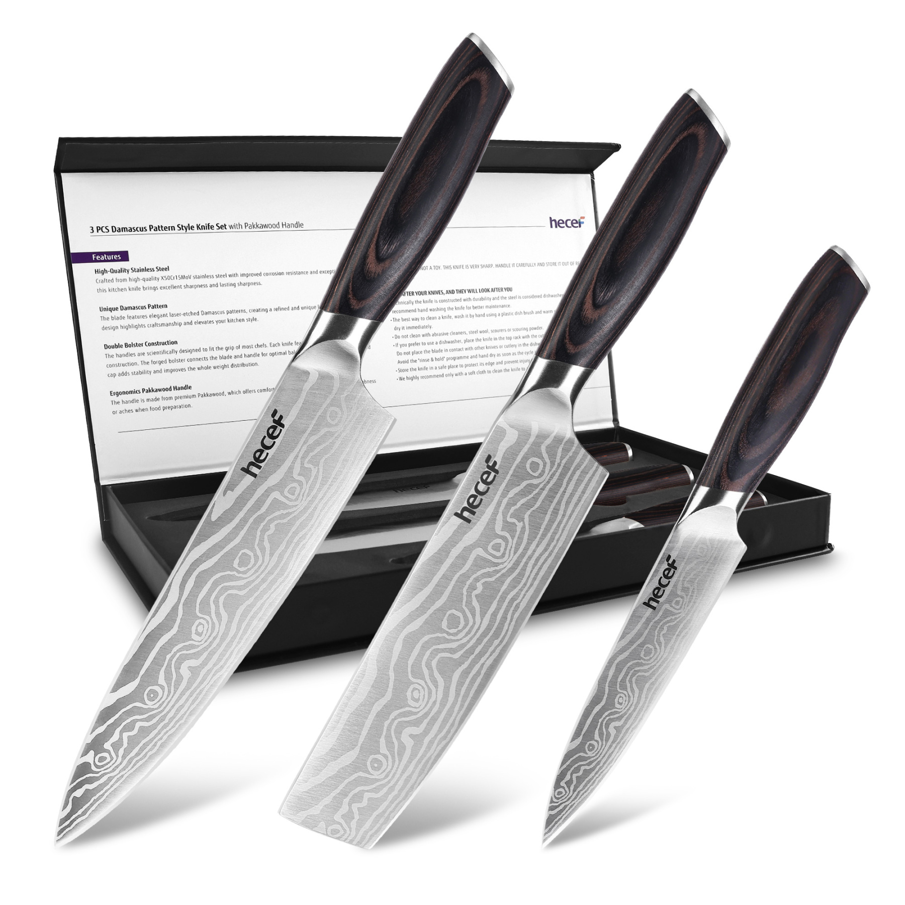 hecef 3PCS Professional Knife Set Stainless Steel Ergonomic wood Handle Laser Damascus Pattern Extra Sharp and Versatile, For Chef, Nakiri & Utility Knife, Perfect for all Kitchen Tasks