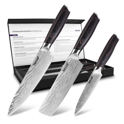 hecef 3PCS Professional Knife Set Stainless Steel Ergonomic wood Handle Laser Damascus Pattern Extra Sharp and Versatile, For Chef, Nakiri & Utility Knife, Perfect for all Kitchen Tasks