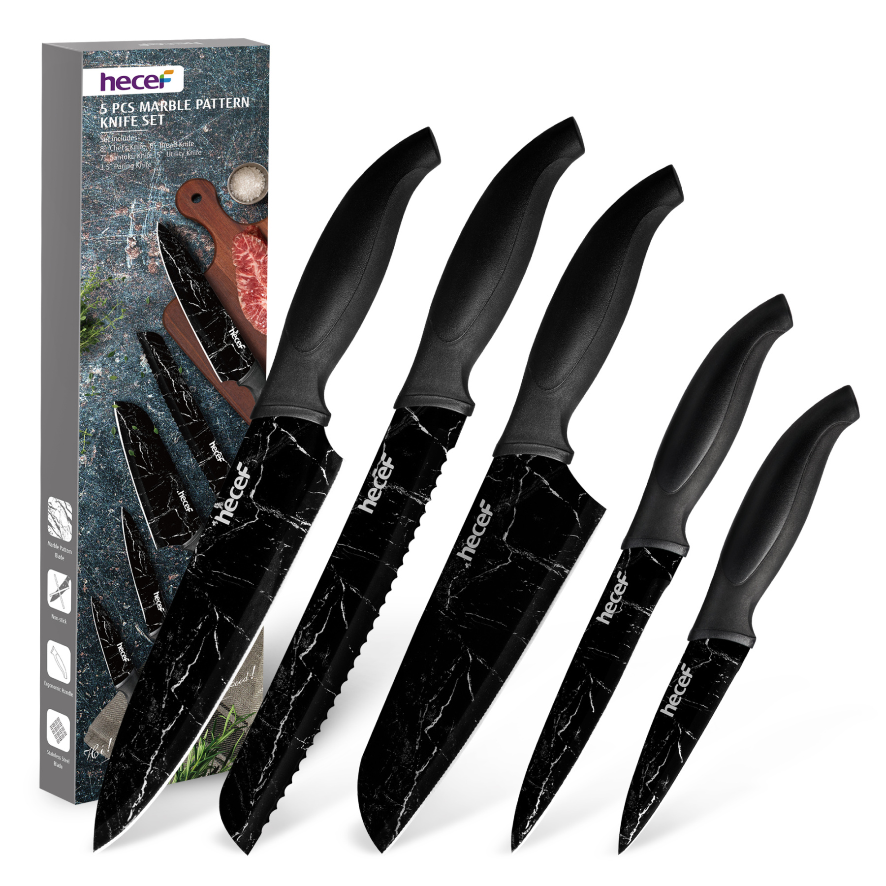 Hecef 5-Piece Kitchen Knife Set, Marble Pattern Coated Sharp Stainless Steel Santoku Bread Knife, Dishwasher Safe