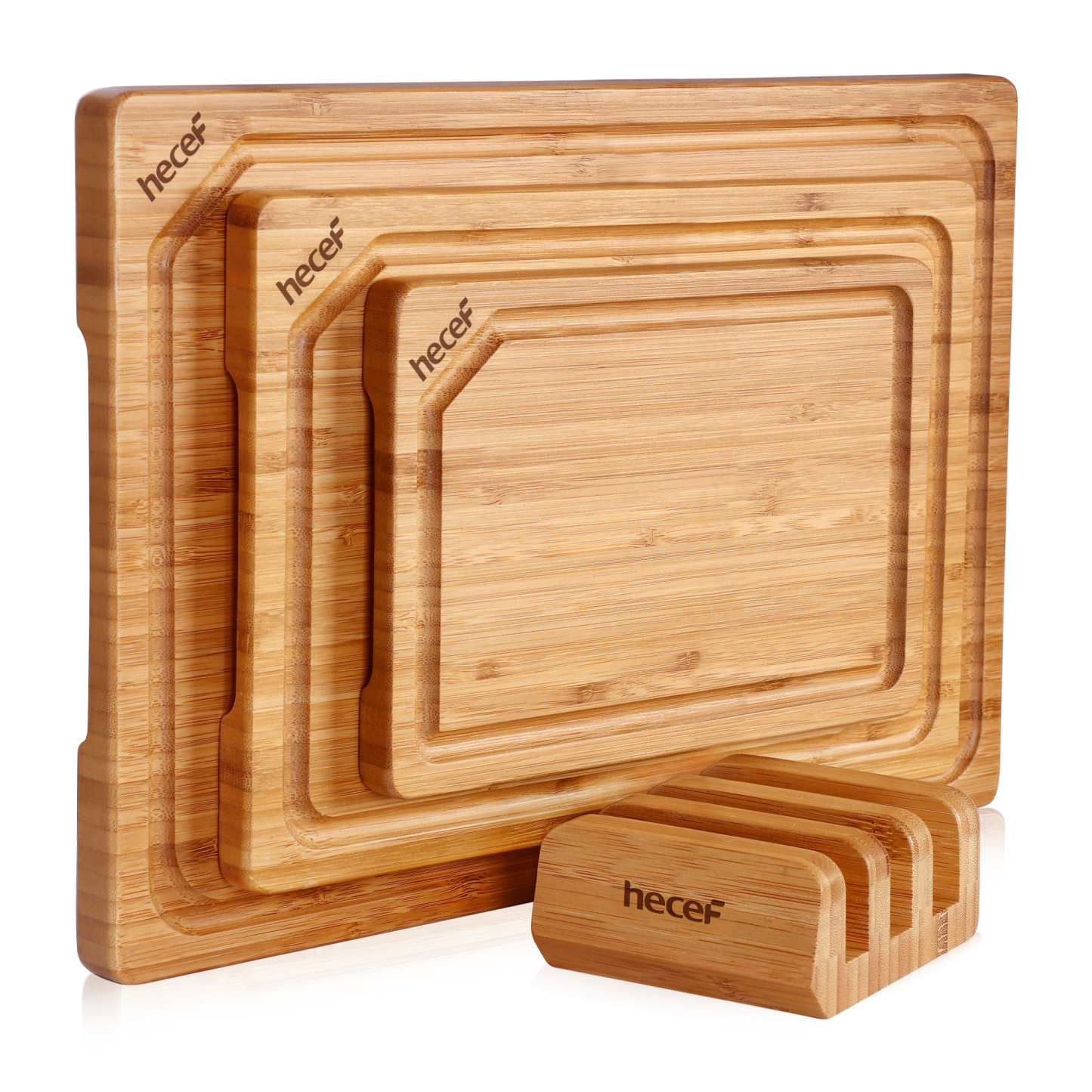 Hecef Carbonized Bamboo Cutting Board Set With Stand, 3 Reversible Chopping And Serving Boards, 15 Inch