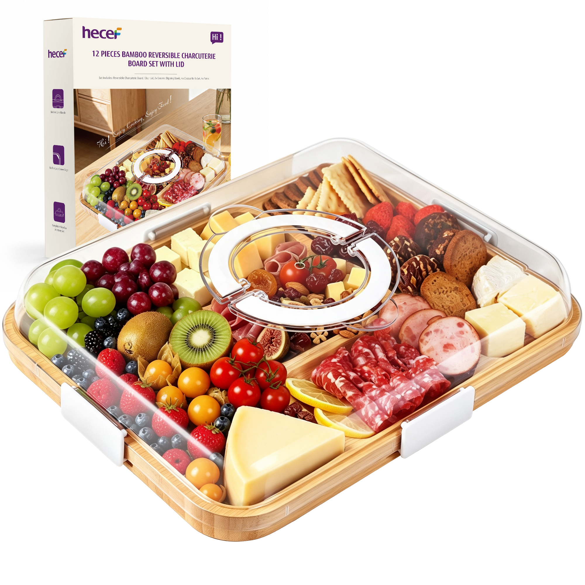 Hecef 12-Pieces Bamboo Searving Board, Cheese Board, Charcuterie Board
