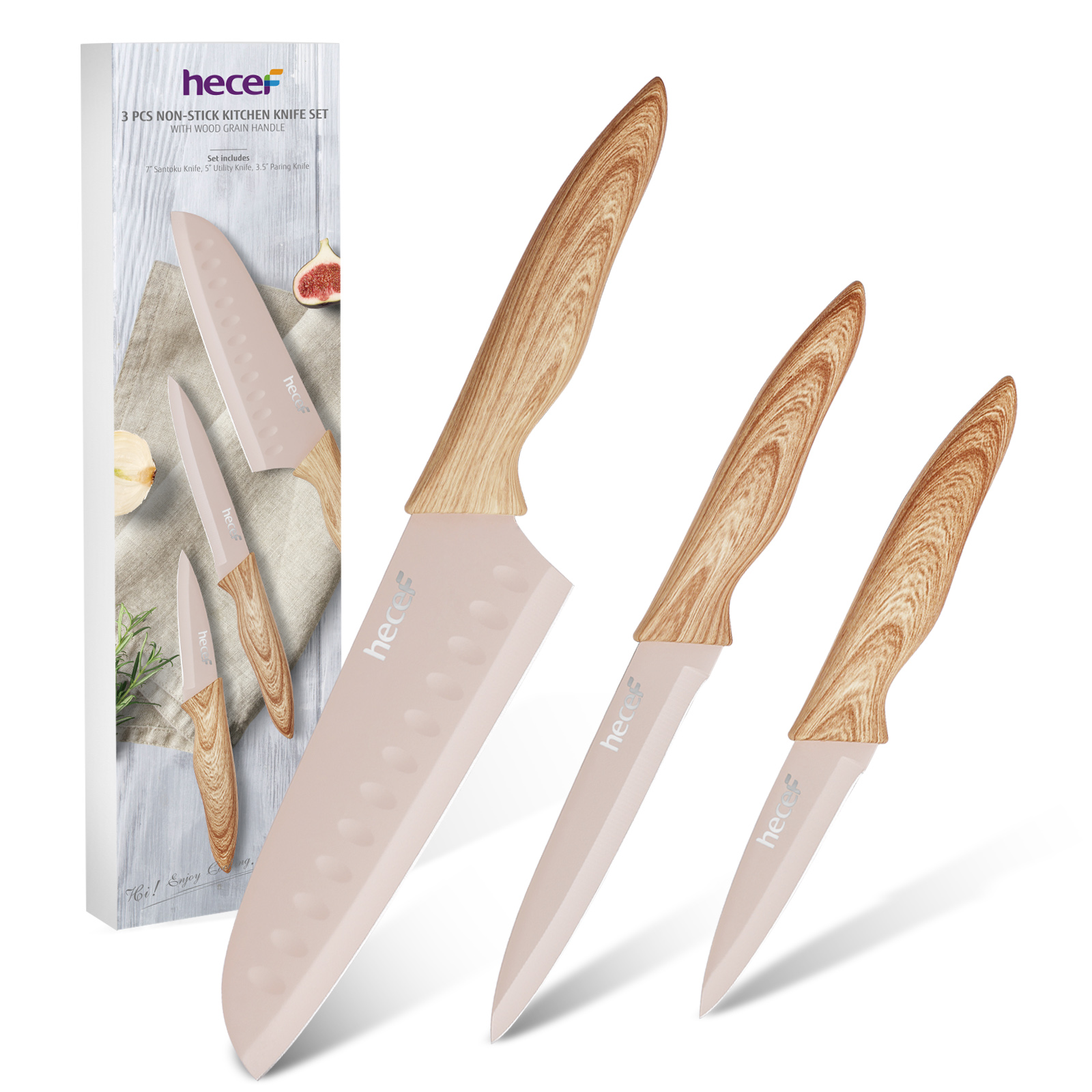 hecef 3-Piece Kitchen Knife Set Non-Stick Coating Knives with Soft-Tou