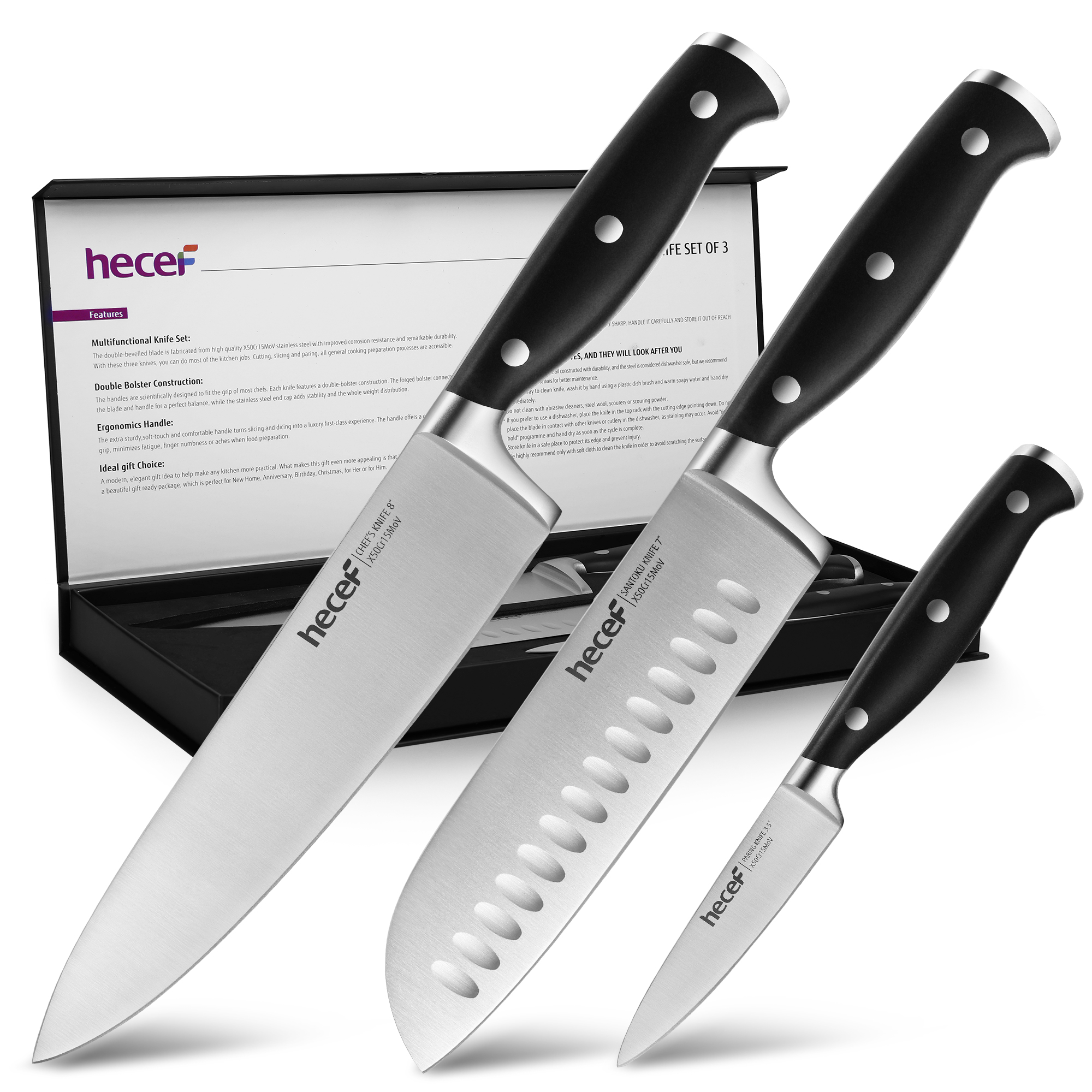 hecef 3PCS kitchen knife set with ergonomic ABS handle full-tang sharp high-quality chef's knife, Santuku knife, paring knife