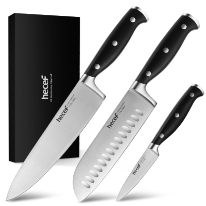 hecef Knife Set, 3-Piece Kitchen Knife Set with Ergonomic ABS Handle, Full Tang, Sharp Chef's Knife, Professional Knife Made of High-Quality Carbon Stainless Steel with Chef's Knife, Santukum Knife