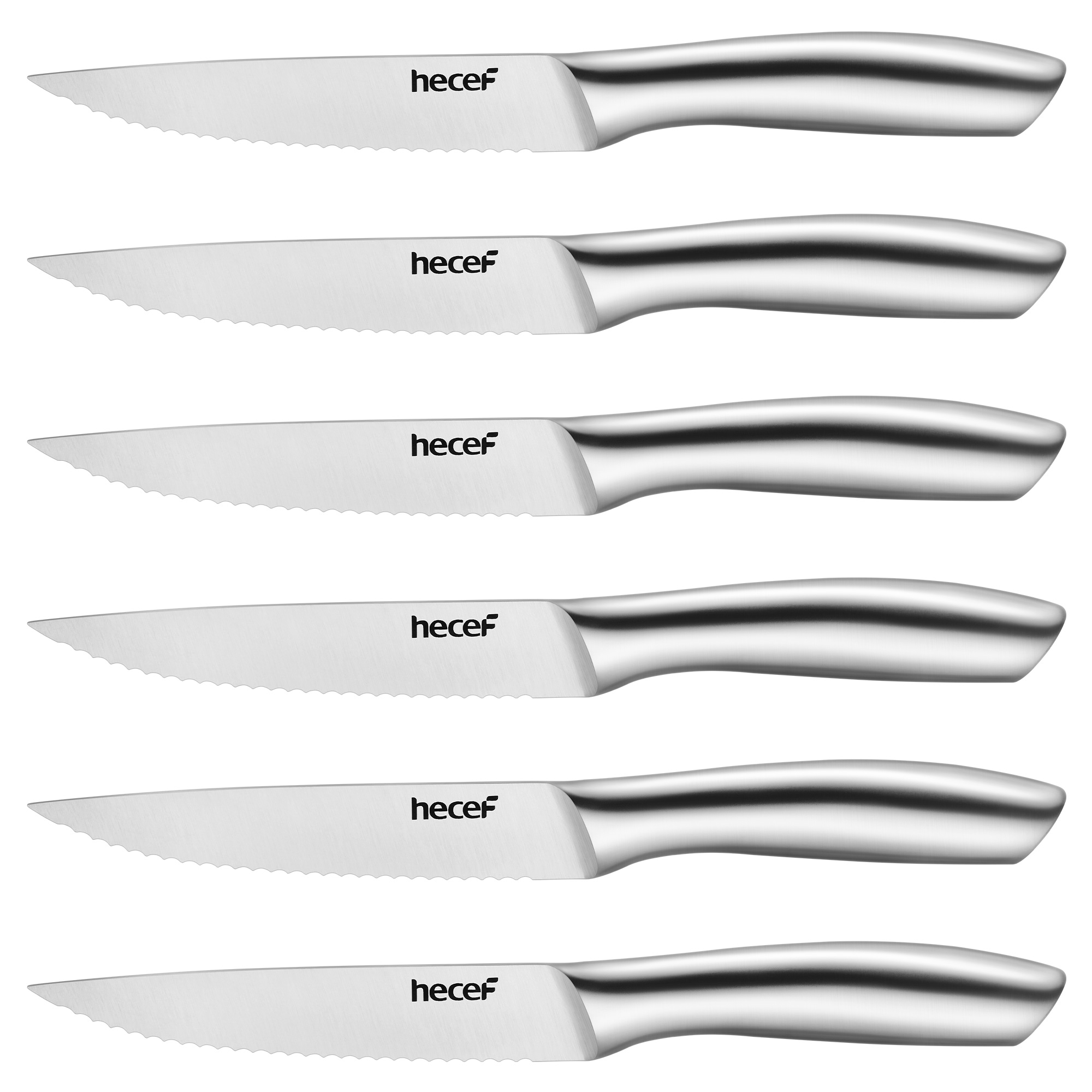 Hecef 6PCS All-steel Steak Knives, 5-inch High-carbon Stainless Steel Sharp Serrated Edge Dishwasher safe knives