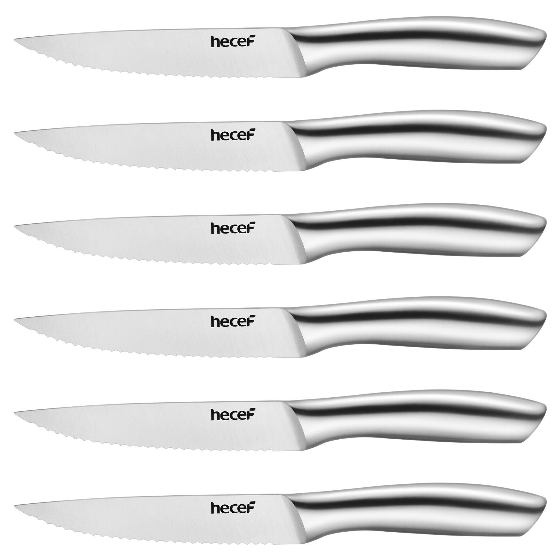 Hecef 6PCS All-steel Steak Knives, 5-inch High-carbon Stainless Steel Sharp Serrated Edge Dishwasher safe knives