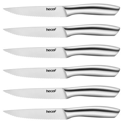 Hecef 6PCS All-steel Steak Knives, 5-inch High-carbon Stainless Steel Sharp Serrated Edge Dishwasher safe knives