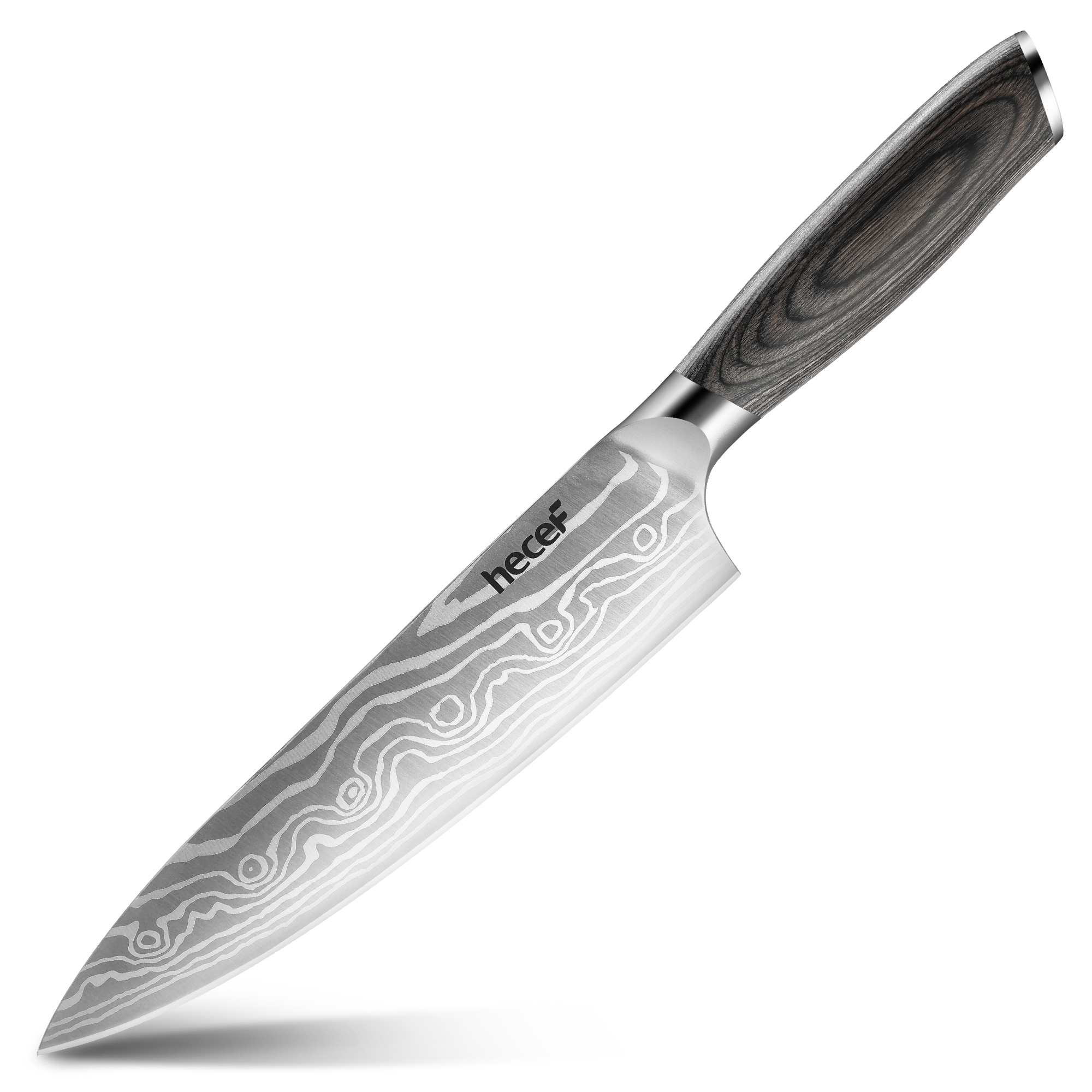 Hecef 8-Inch Chef Knife with Japanese Damascus Pattern and Ergonomic Wood Handle