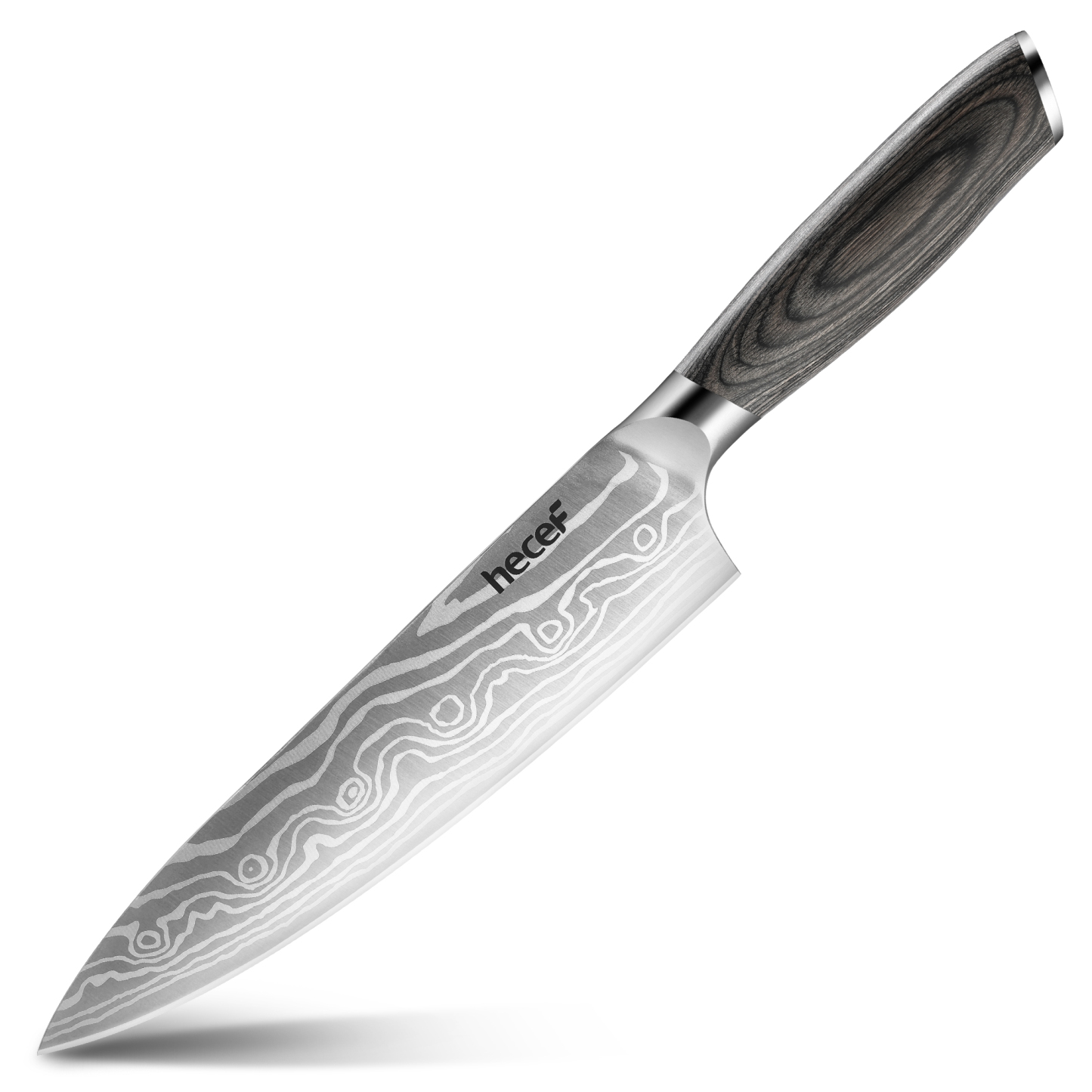 Hecef 8-Inch Chef Knife with Japanese Damascus Pattern and Ergonomic Wood Handle
