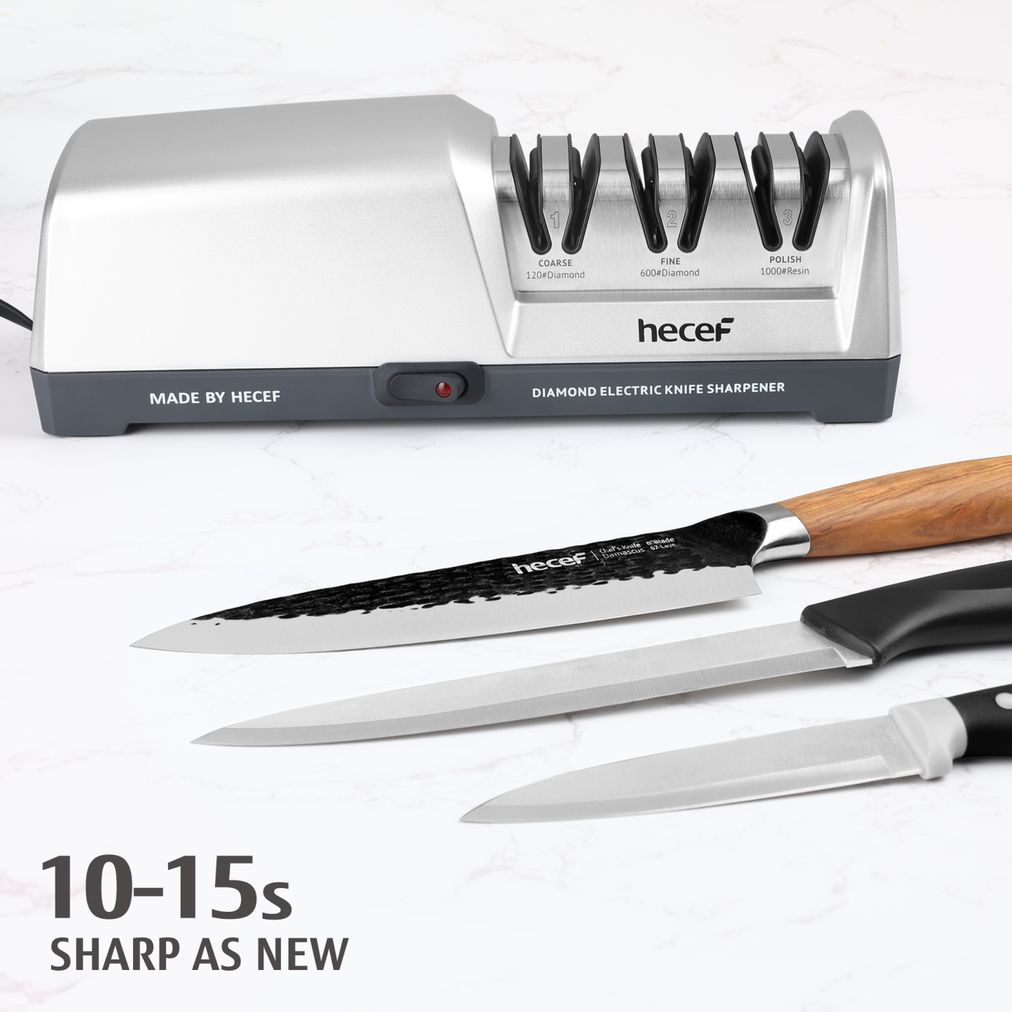 hecef Electric Knife Sharpener, Professional Kitchen Automatic Sharpener for Chef, 3-Stage, 15 Degree