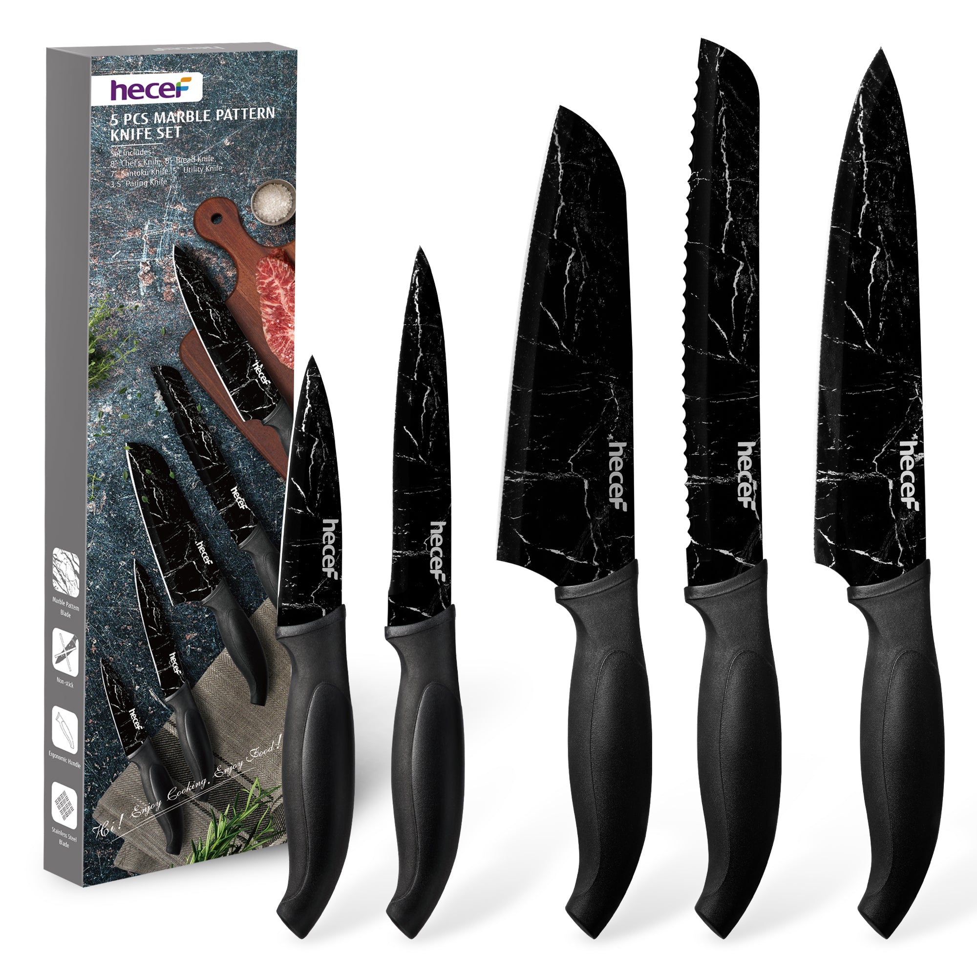 hecef Kitchen Knife Set of 5, Sharp Stainless Steel wtih Black Marble Pattern, Professional Cooking Knives Set Including Paring, Utility, Bread, Carving, Santoku & Chef Knife - Hecef Kitchen