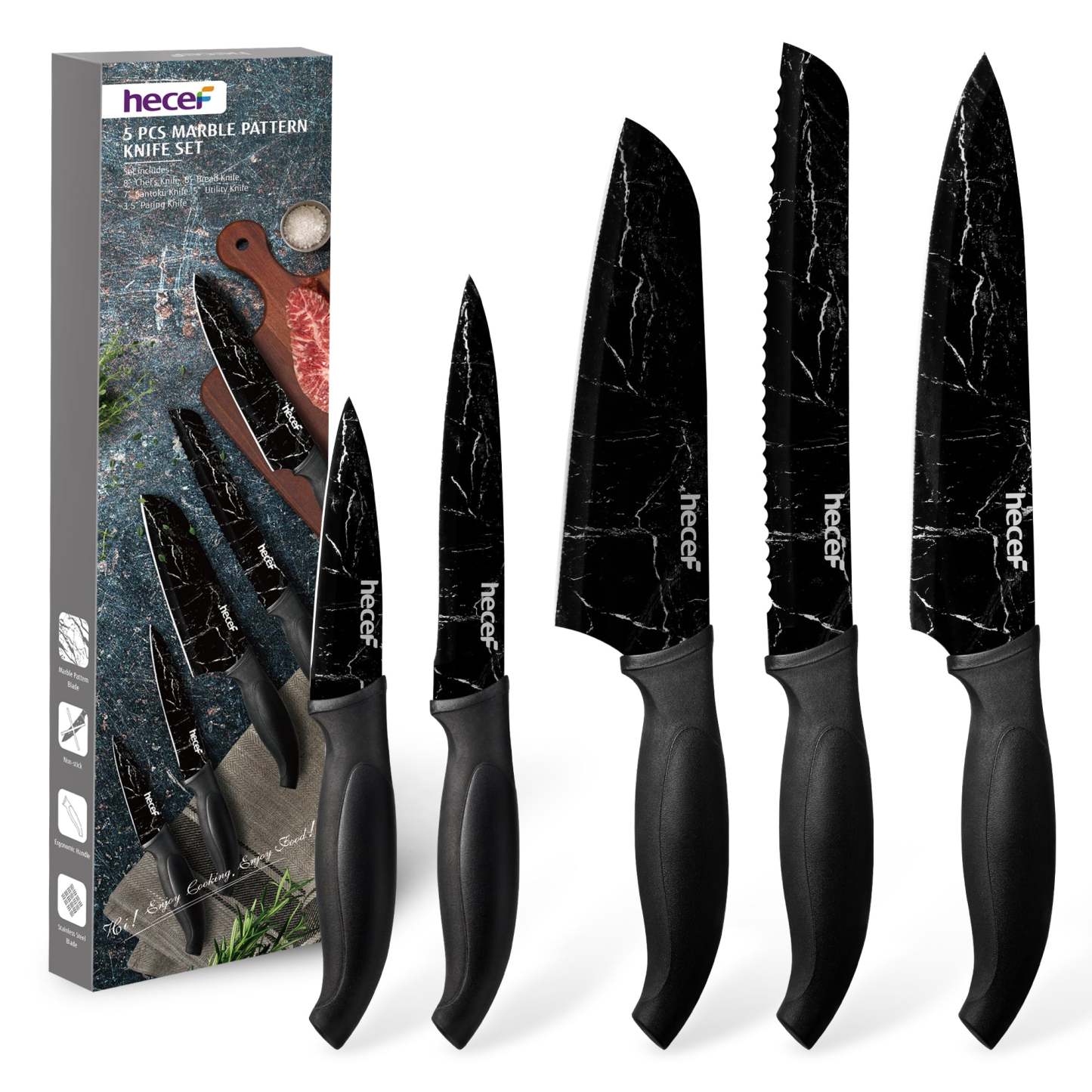 hecef Kitchen Knife Set of 5, Sharp Stainless Steel wtih Black Marble Pattern, Professional Cooking Knives Set Including Paring, Utility, Bread, Carving, Santoku & Chef Knife - Hecef Kitchen