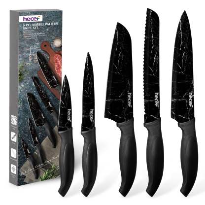 hecef Kitchen Knife Set of 5, Sharp Stainless Steel wtih Black Marble Pattern, Professional Cooking Knives Set Including Paring, Utility, Bread, Carving, Santoku & Chef Knife - Hecef Kitchen