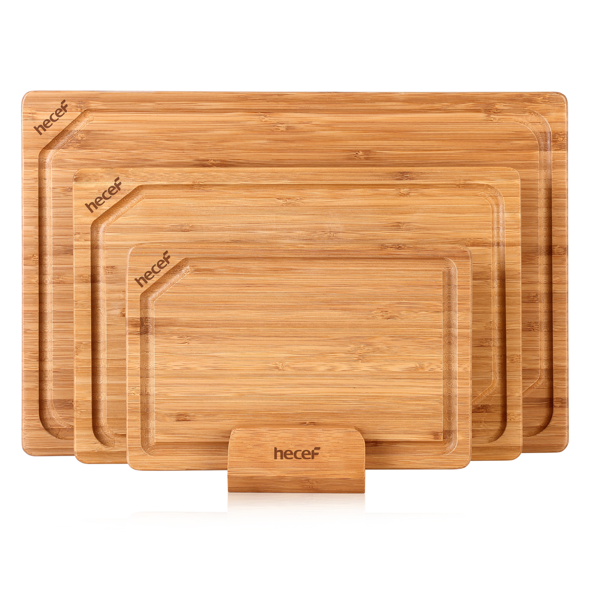 Hecef Carbonized Bamboo Cutting Board Set With Stand, 3 Reversible Chopping And Serving Boards, 15 Inch