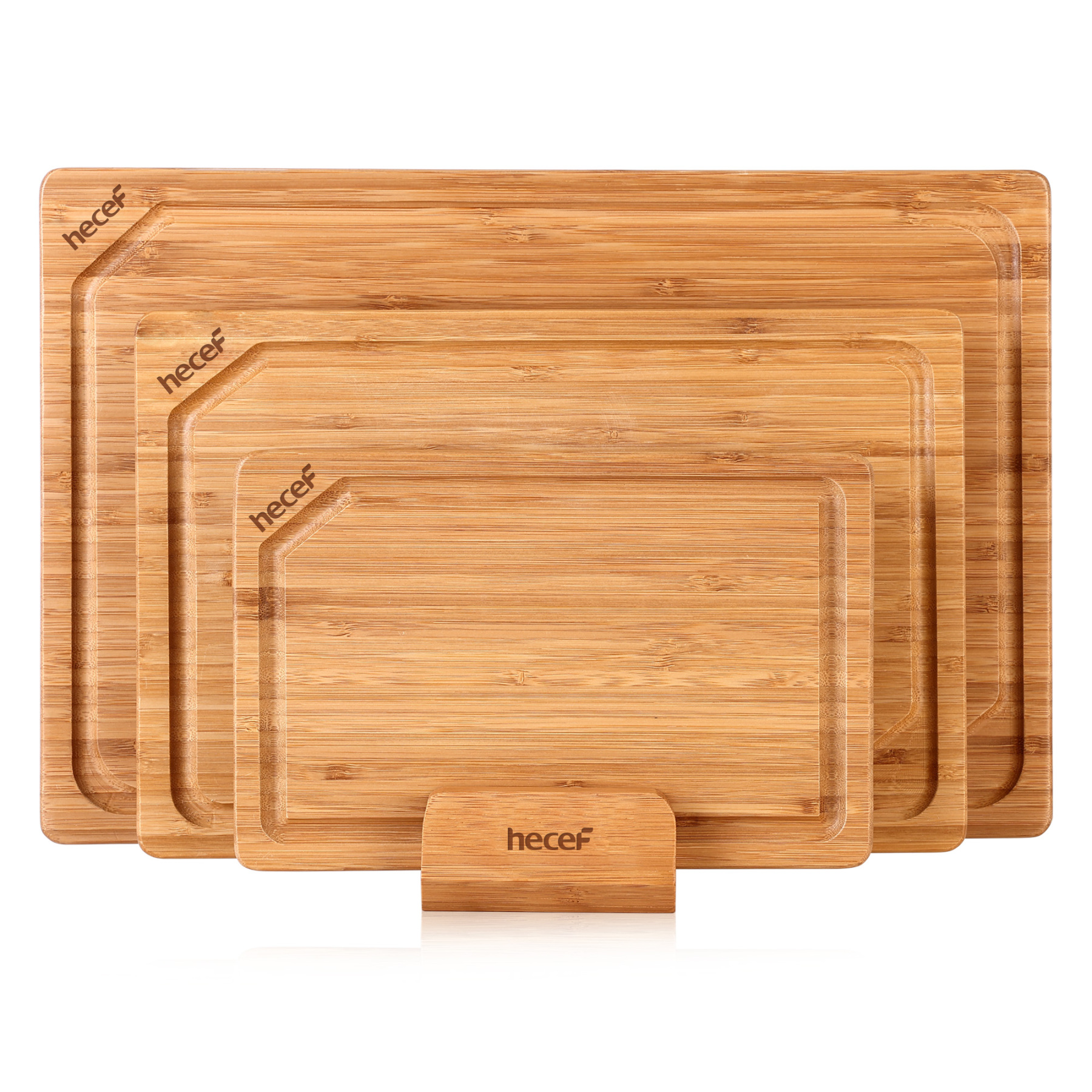 Hecef Carbonized Bamboo Cutting Board Set With Stand, 3 Reversible Chopping And Serving Boards, 15 Inch
