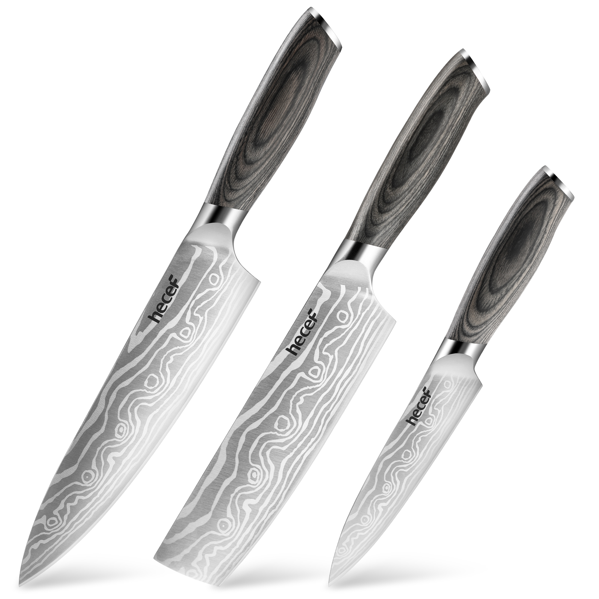Hecef 3-Piece Knife Set With Laser Damascus Pattern, Ergonomic Handle, 8" Chef Knife, 7" Santoku Knife, 5" Utility Knife