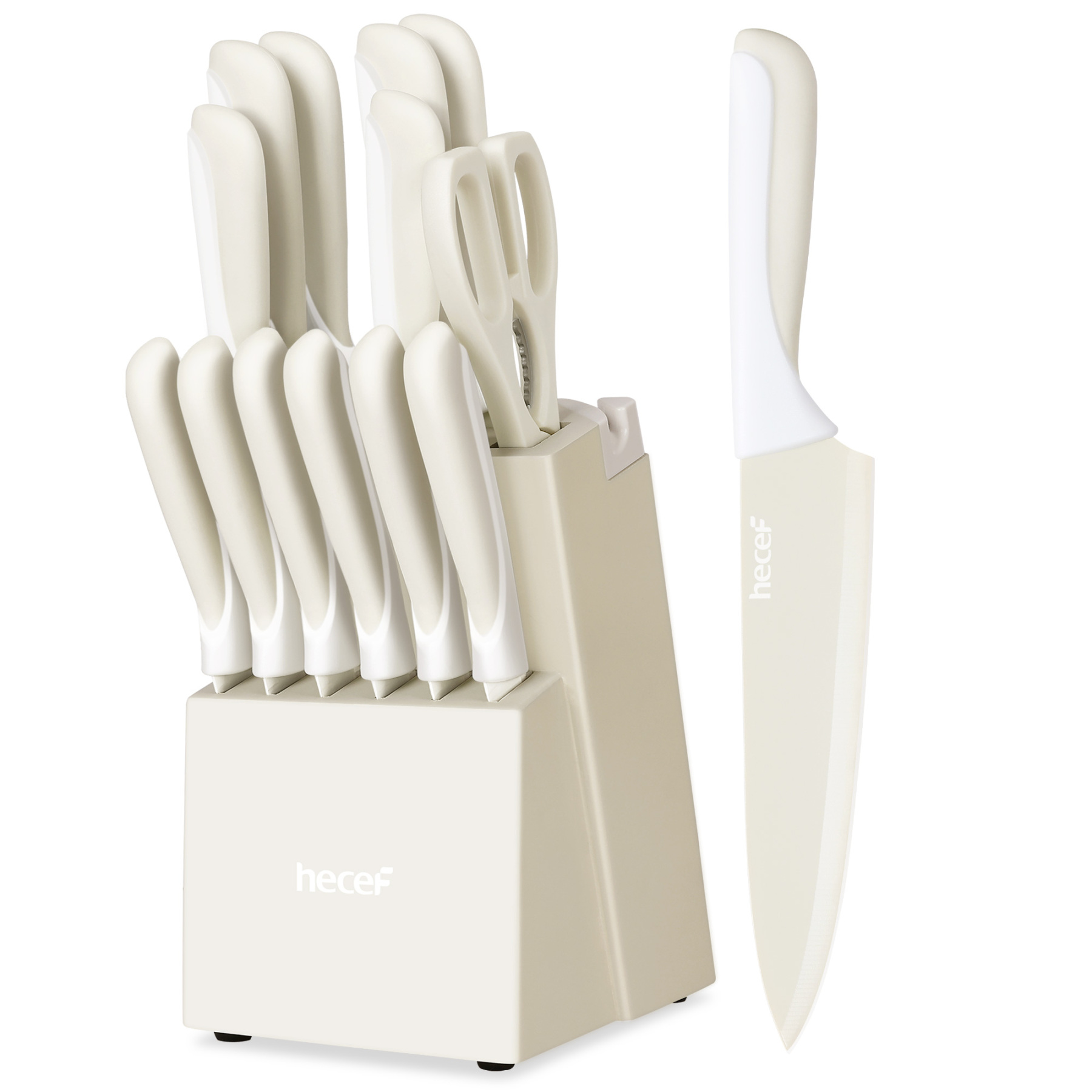 hecef 15PCS Sharp Kitchen Knife Set with Built-in Sharpening Wooden Block Dishwasher Safe