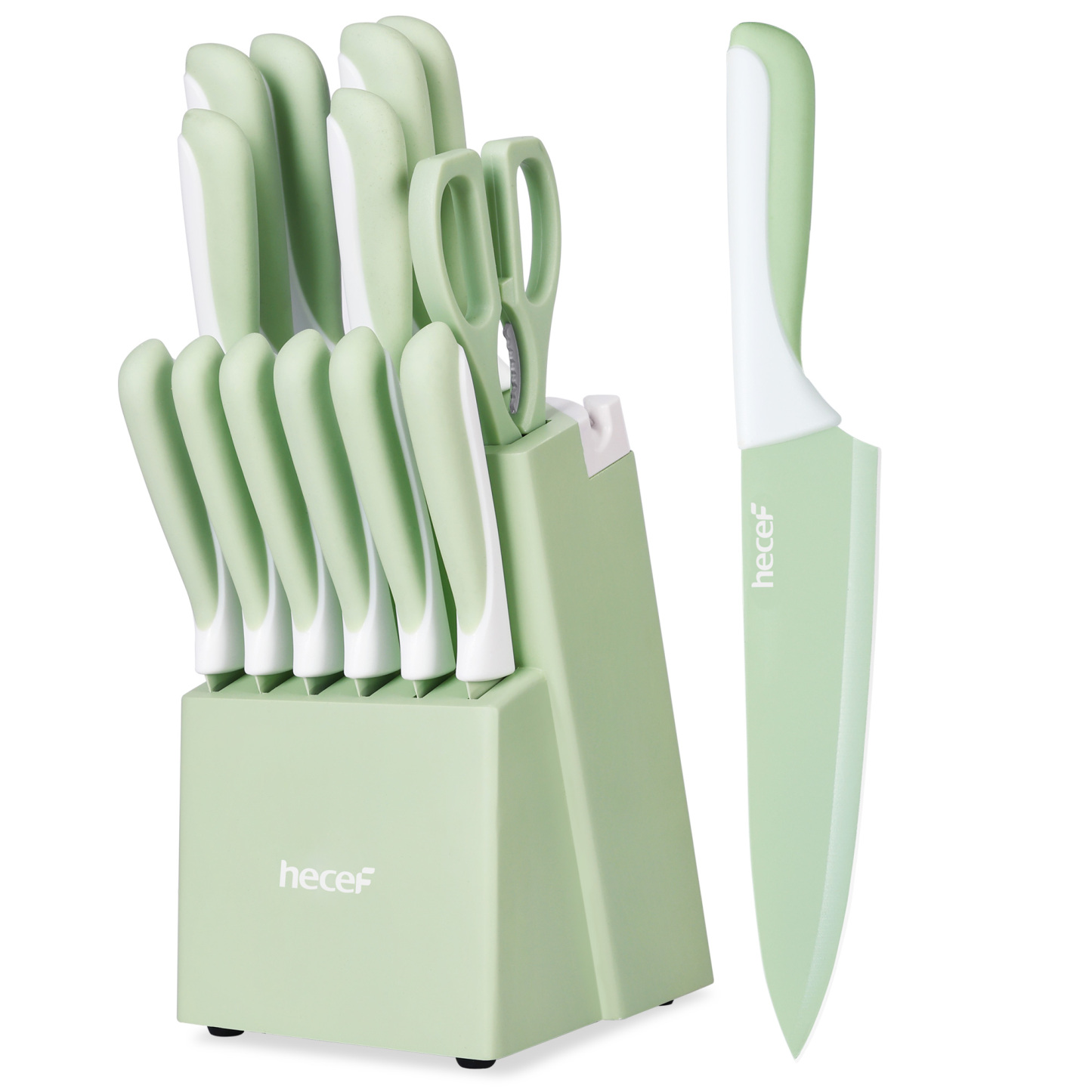 hecef 15PCS Sharp Kitchen Knife Set with Built-in Sharpening Wooden Block Dishwasher Safe