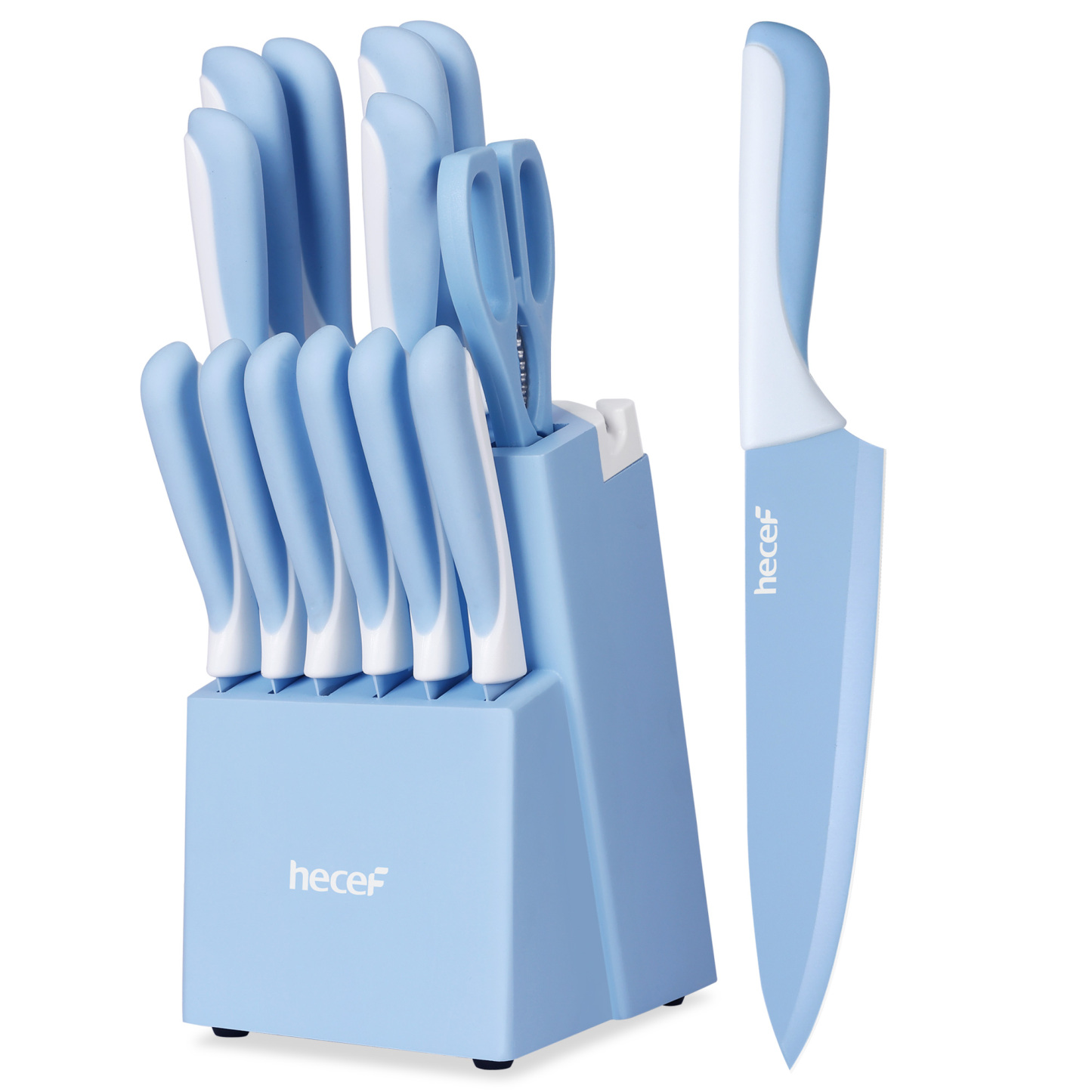 hecef 15PCS Sharp Kitchen Knife Set with Built-in Sharpening Wooden Block Dishwasher Safe