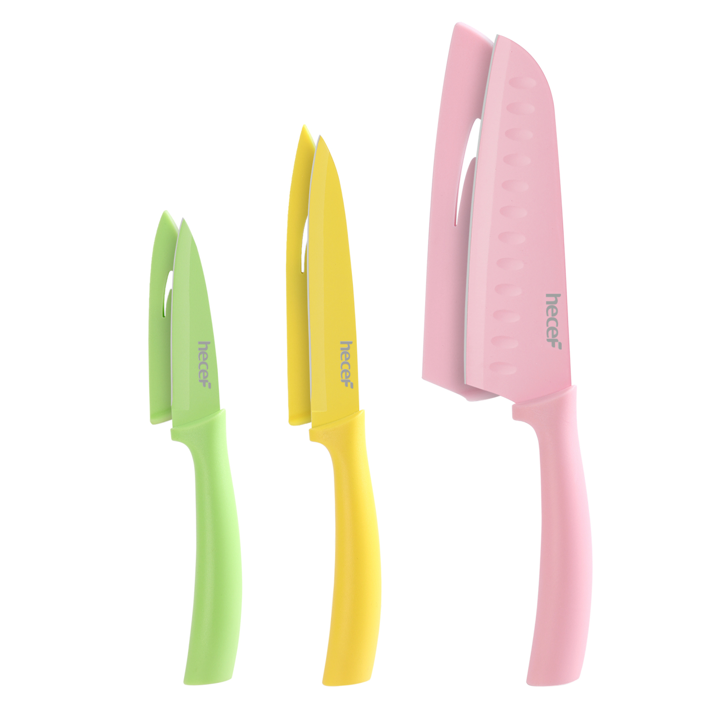 Hecef 3-Piece Knife Set, Colorful Non-Stick Coated Sharp Santoku, Utility, Paring Knife