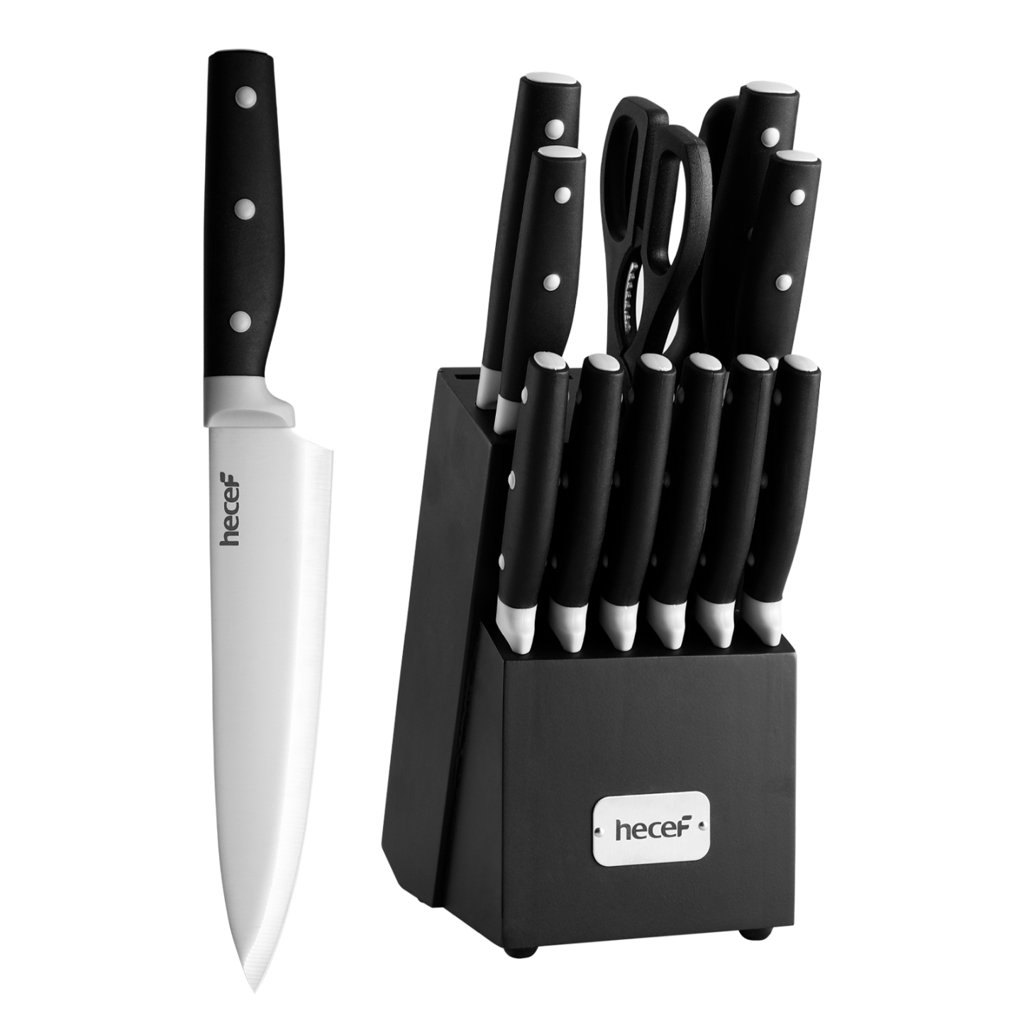 Hecef 14-Piece Black Knife Set with Block, Ultra-Sharp Stainless Steel Kitchen Knives with Comfortable Grip