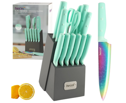 Hecef Dishwasher Safe Knife Block Set, Rainbow Titanium Coated Kitchen Knives Set with Scissors, Steak Knives