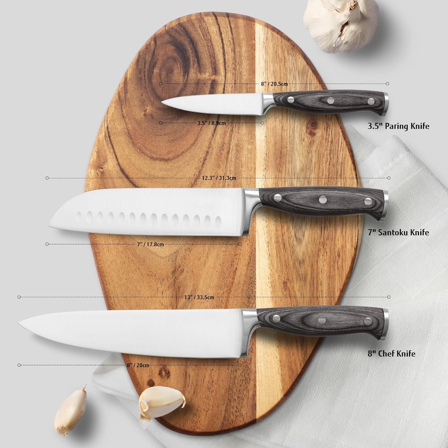 Hecef 3-Piece Professional Kitchen Knife Set, German Steel Extra Sharp Chef Knife Set