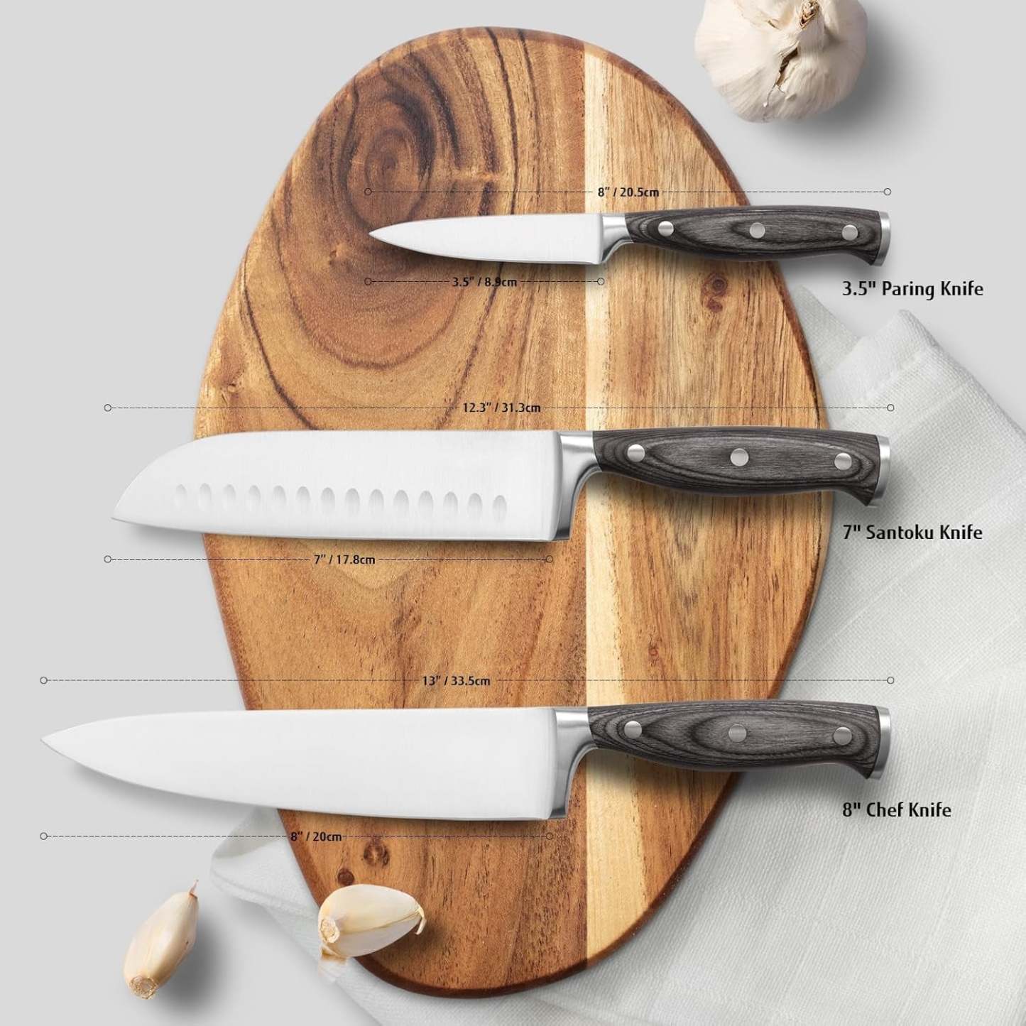 Hecef 3-Piece Professional Kitchen Knife Set, German Steel Extra Sharp Chef Knife Set